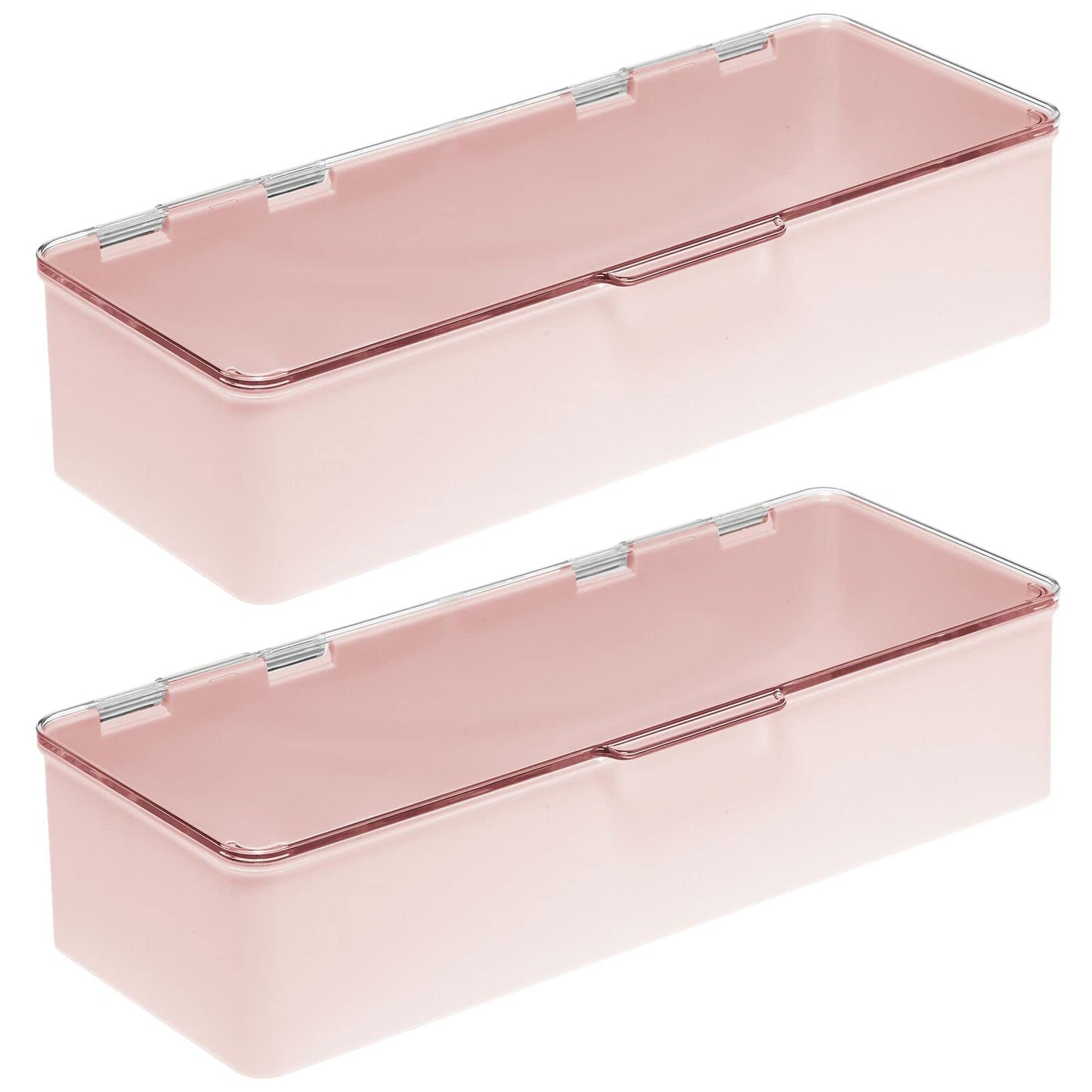 mDesign Long Plastic Cosmetic Storage Organizer Box Set 2 Pack Hinged Lid Light Pink/Clear