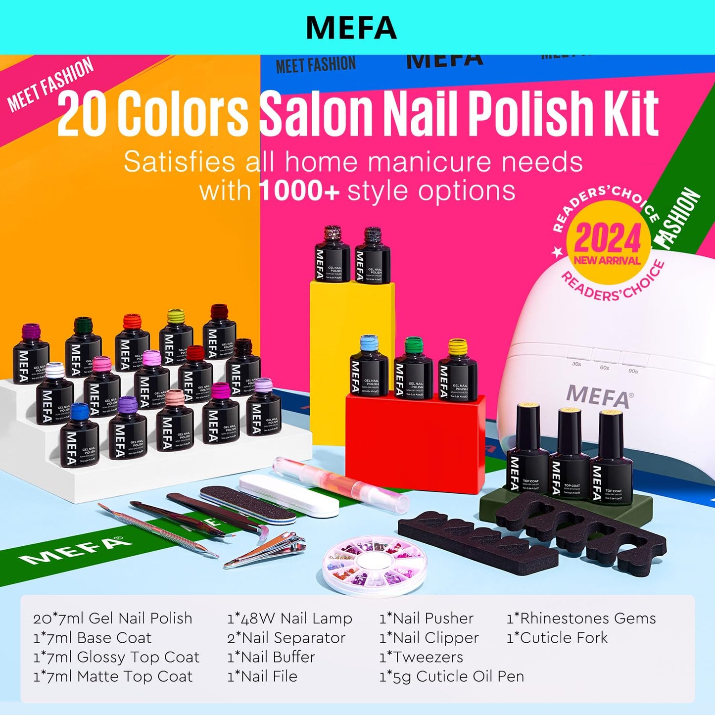 MEFA 34-Pcs Gel Nail Polish Kit with 48W UV Lamp – 20 Colors, Base & Top Coats, DIY Nail Art at Home