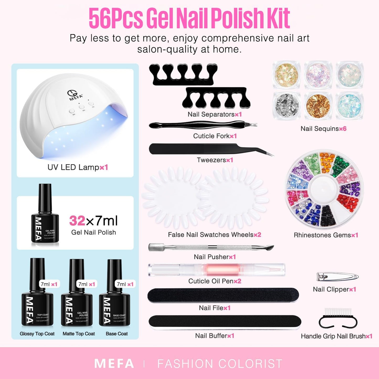 MEFA 32 Colors Gel Nail Polish Kit with 48W UV Lamp — Spring Pastel & Glitter Gel Nail Set
