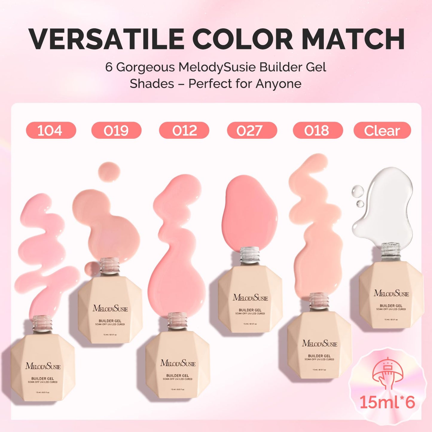 MelodySusie Builder Gel Nail Set – 6 Nude Pink Base Colors, Clear Rubber Base, 15ml Polishes, Soak-Off UV Extension, Rhinestone Glue Gift for Women