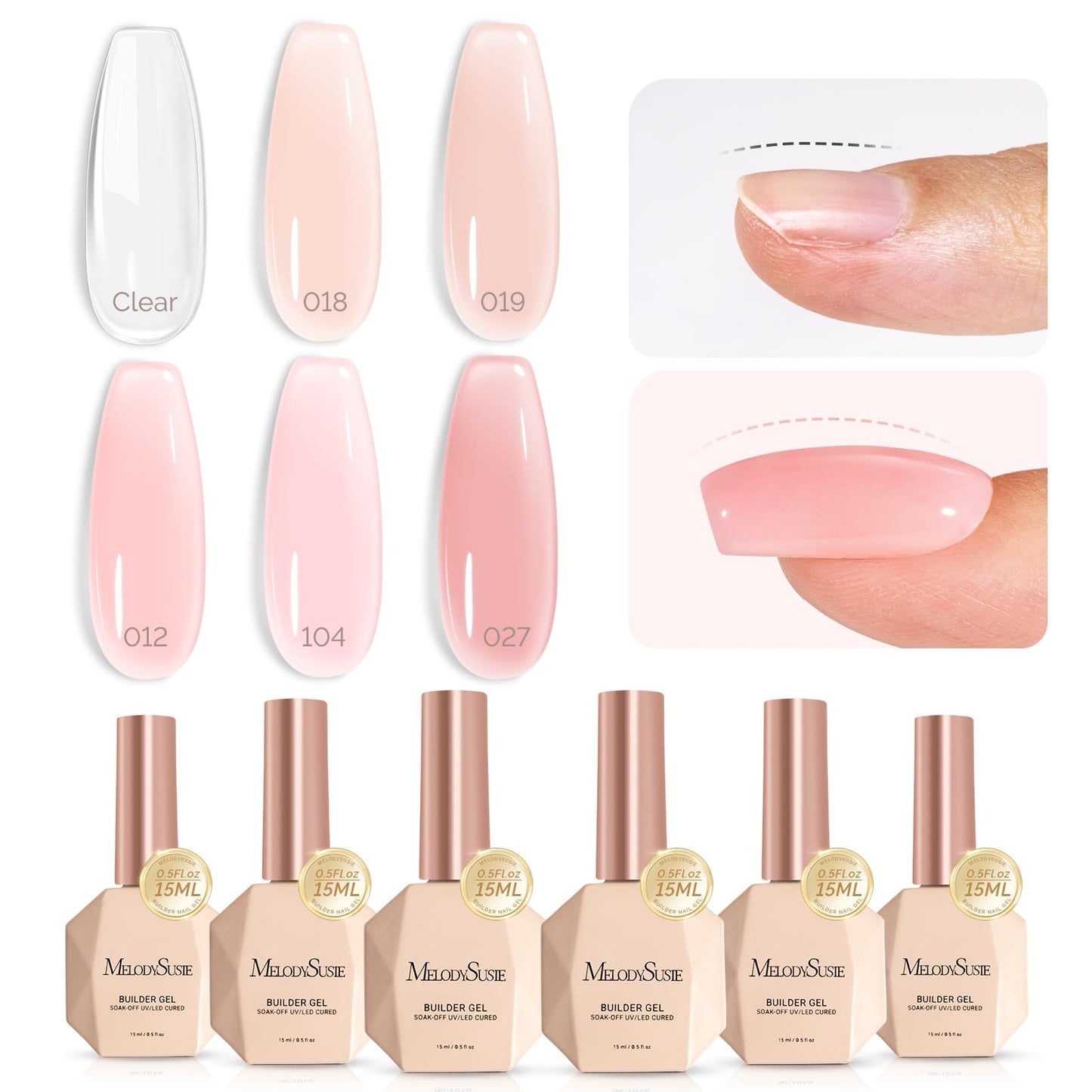 MelodySusie Builder Gel Nail Set – 6 Nude Pink Base Colors, Clear Rubber Base, 15ml Polishes, Soak-Off UV Extension, Rhinestone Glue Gift for Women