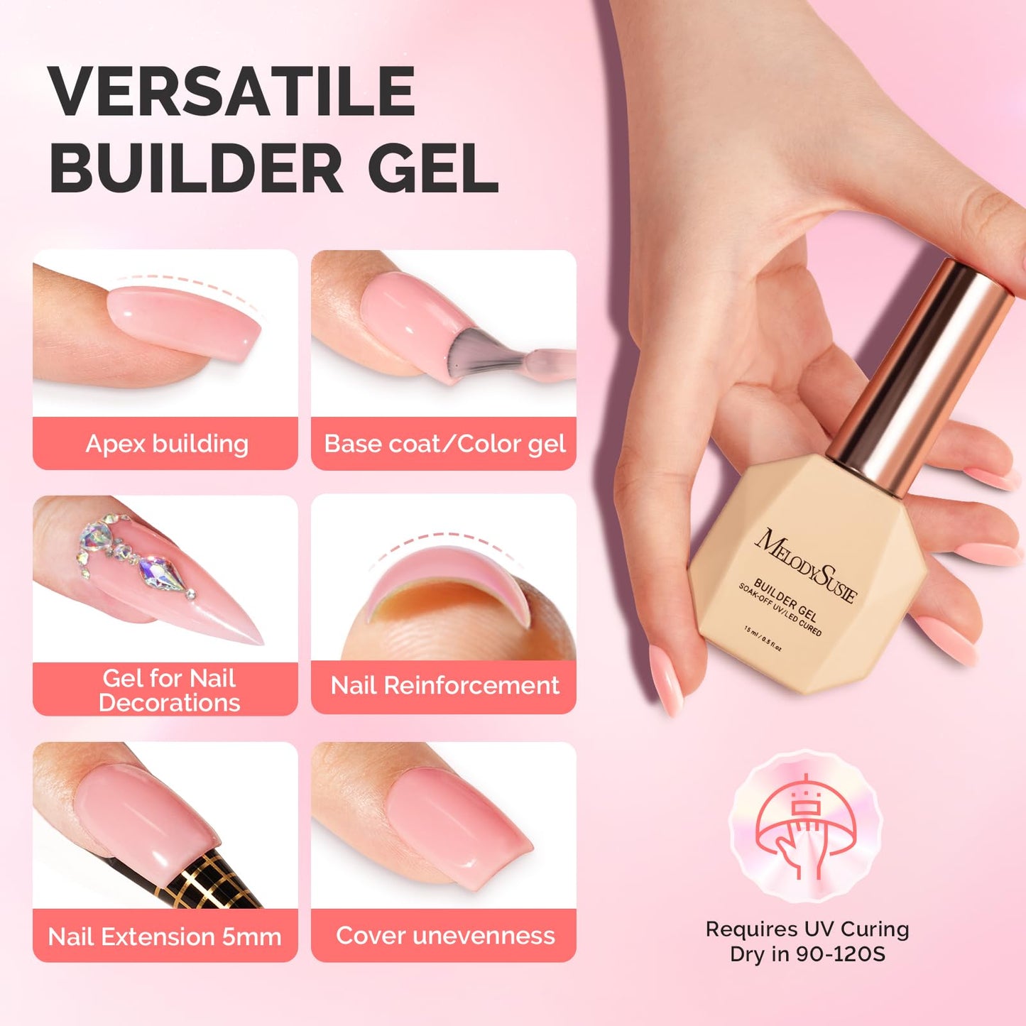 MelodySusie Builder Gel Nail Set – 6 Nude Pink Base Colors, Clear Rubber Base, 15ml Polishes, Soak-Off UV Extension, Rhinestone Glue Gift for Women
