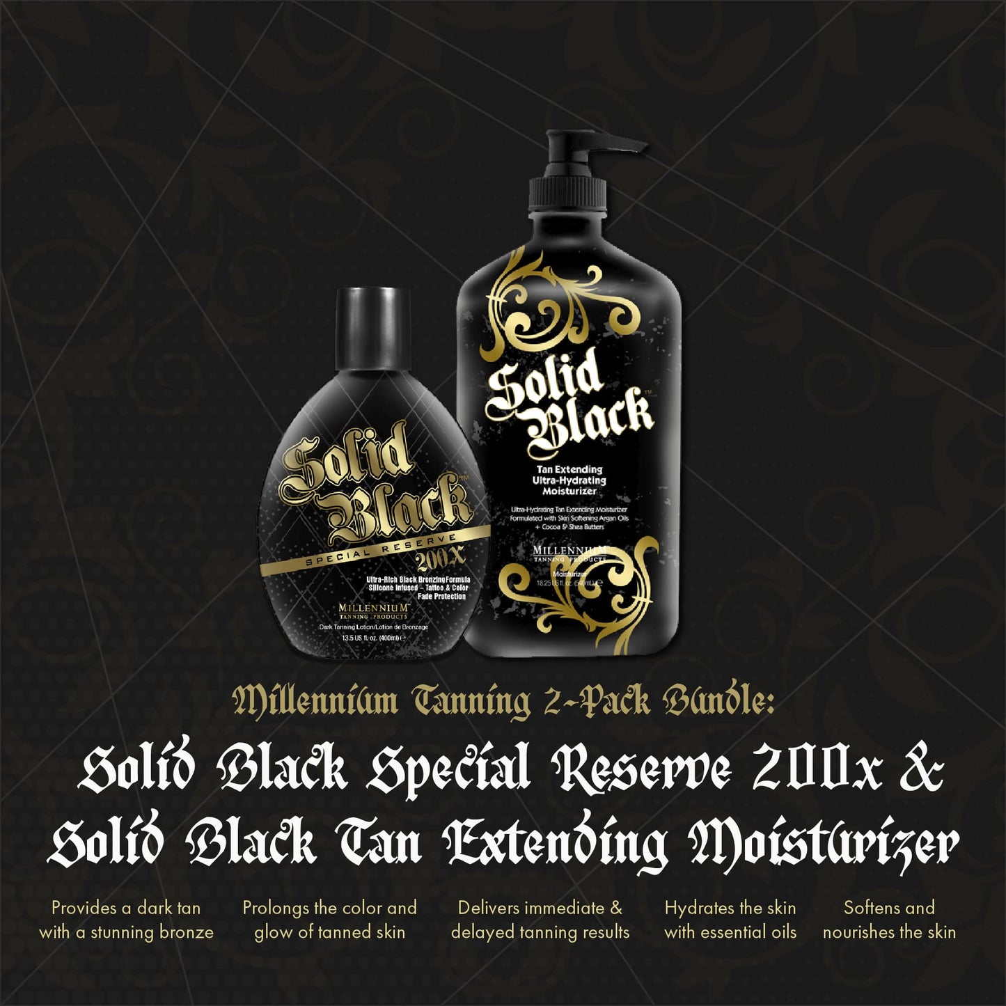 Millennium Tanning Solid Black 200X Tan Lotion & Extender – 13.5 & 18.25 oz