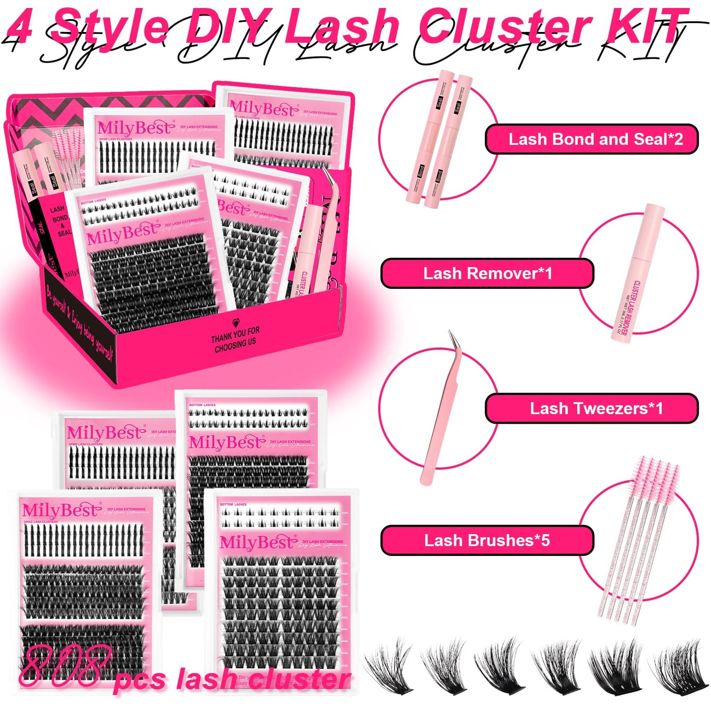 MilyBest Lash Clusters Kit 864pcs – D-Curl Lashes, 4 Styles, DIY Extensions