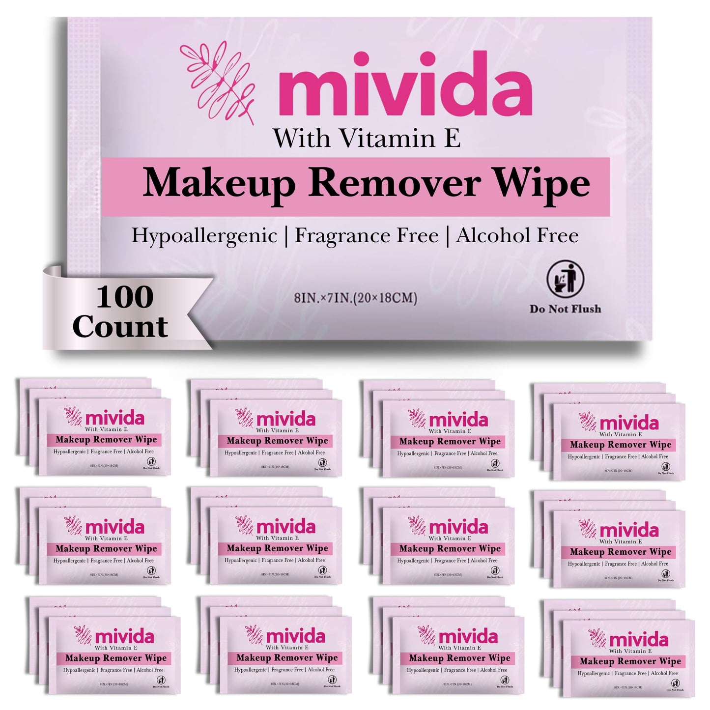 mivida 100 Count Individually Wrapped Makeup Remover Wipes with Vitamin E | Fragrance-Free, Alcohol-Free, Hypoallergenic