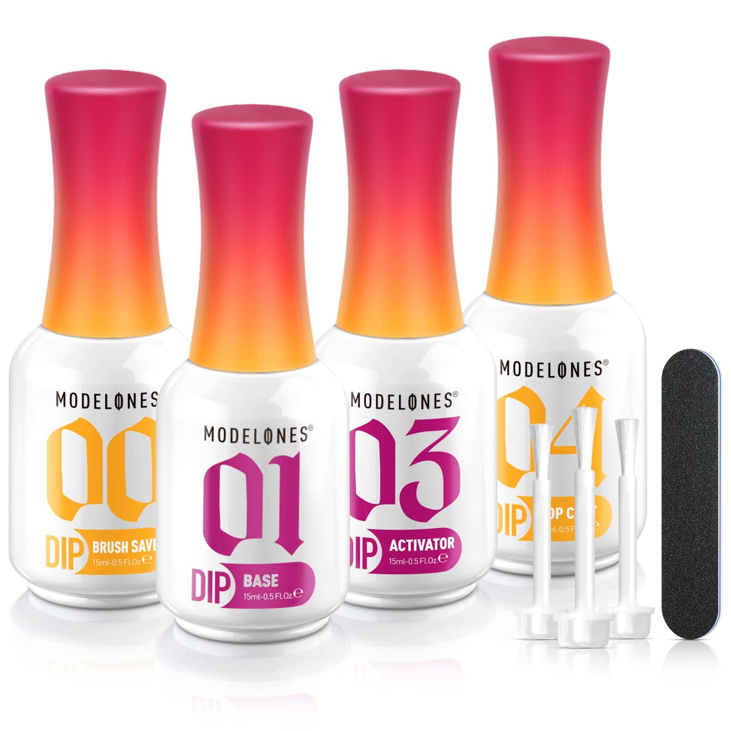 Modelones Dip Powder Liquid Set 4+4 – Base Coat, Top Coat, Activator & Brush Saver