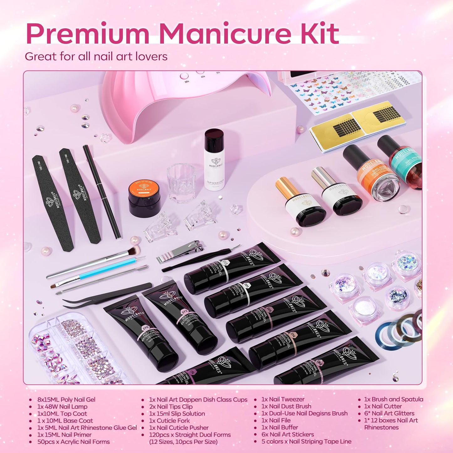 Modelones Poly Nail Gel Kit – 8 Rosy Pink Colors + 48W UV/LED Lamp