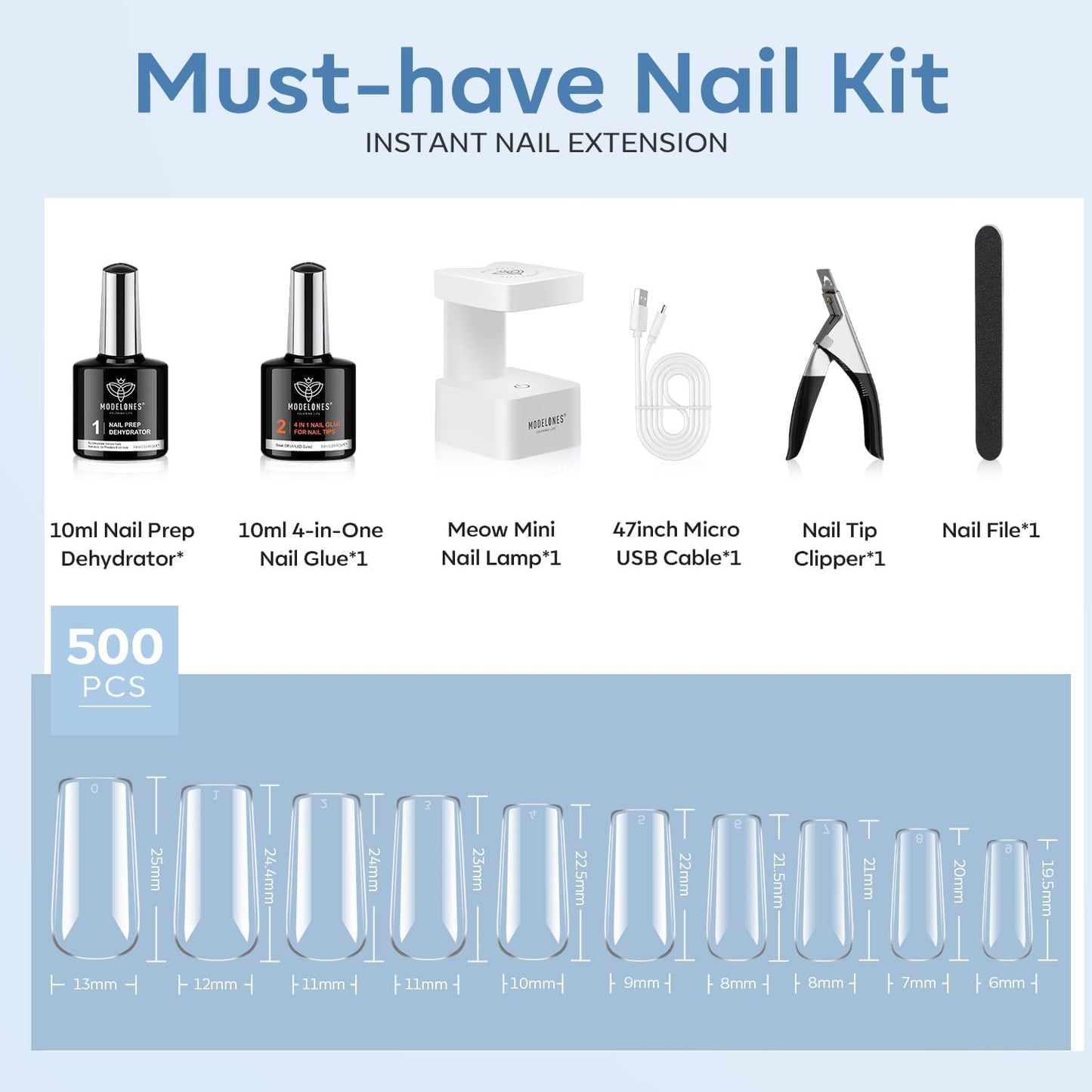 Modelones X Nail Gel Kit – 500pcs Square Tips, 9-in-1 Glue Gel, Portable UV Lamp, Home Gel Manicure Kit