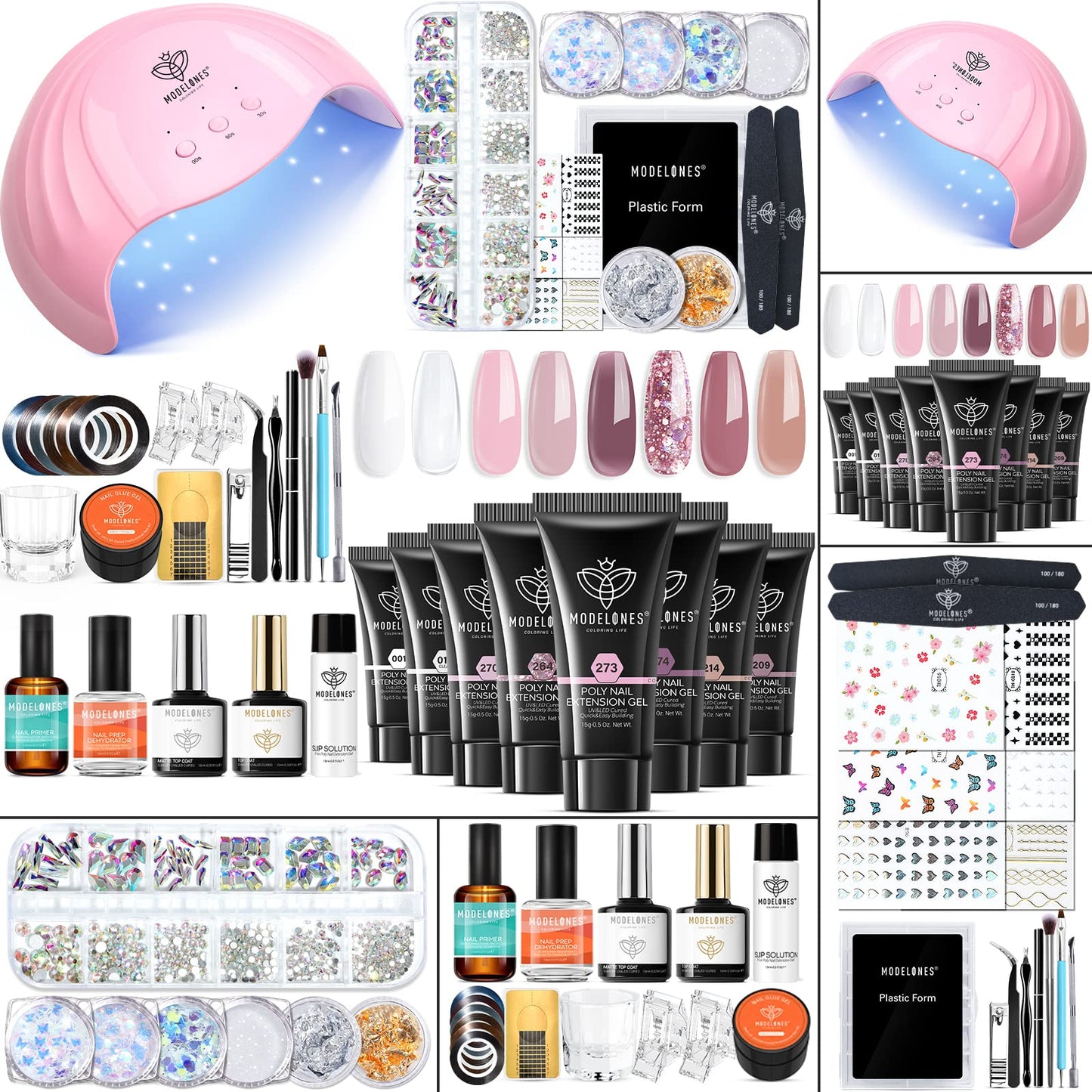 Modelones Poly Nail Gel Kit – 8 Rosy Pink Colors + 48W UV/LED Lamp