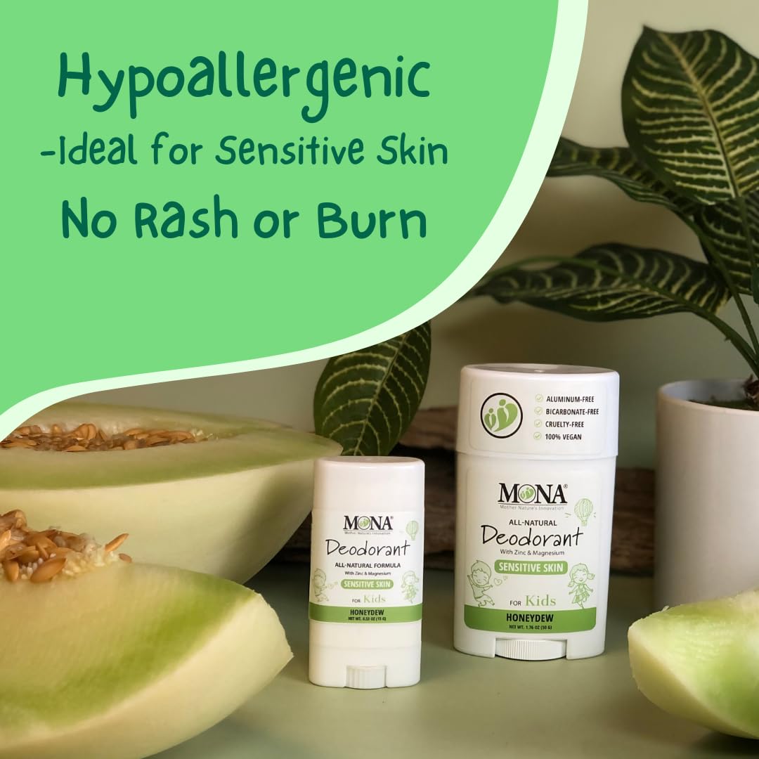MONA All Natural Deodorant for Kids — Honeydew 3-Pack (1.76 Oz) | Aluminum & Baking Soda Free