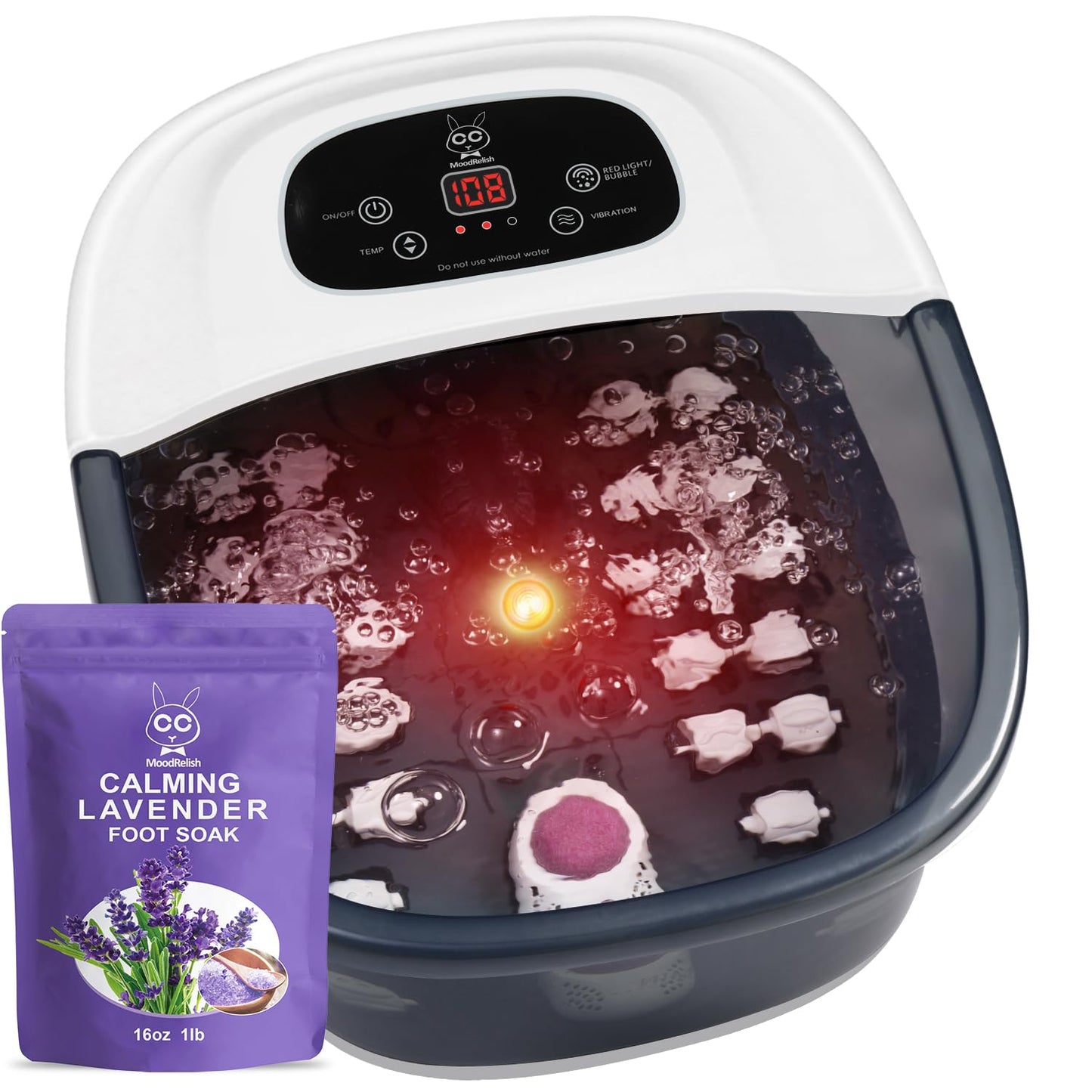MoodRelish Foot Spa Bath Massager with Heat, Bubbles & Jets | Lavender Epsom Salt Soak 16 oz, Infrared Light, 22 Rollers, Adjustable Temp – Grey
