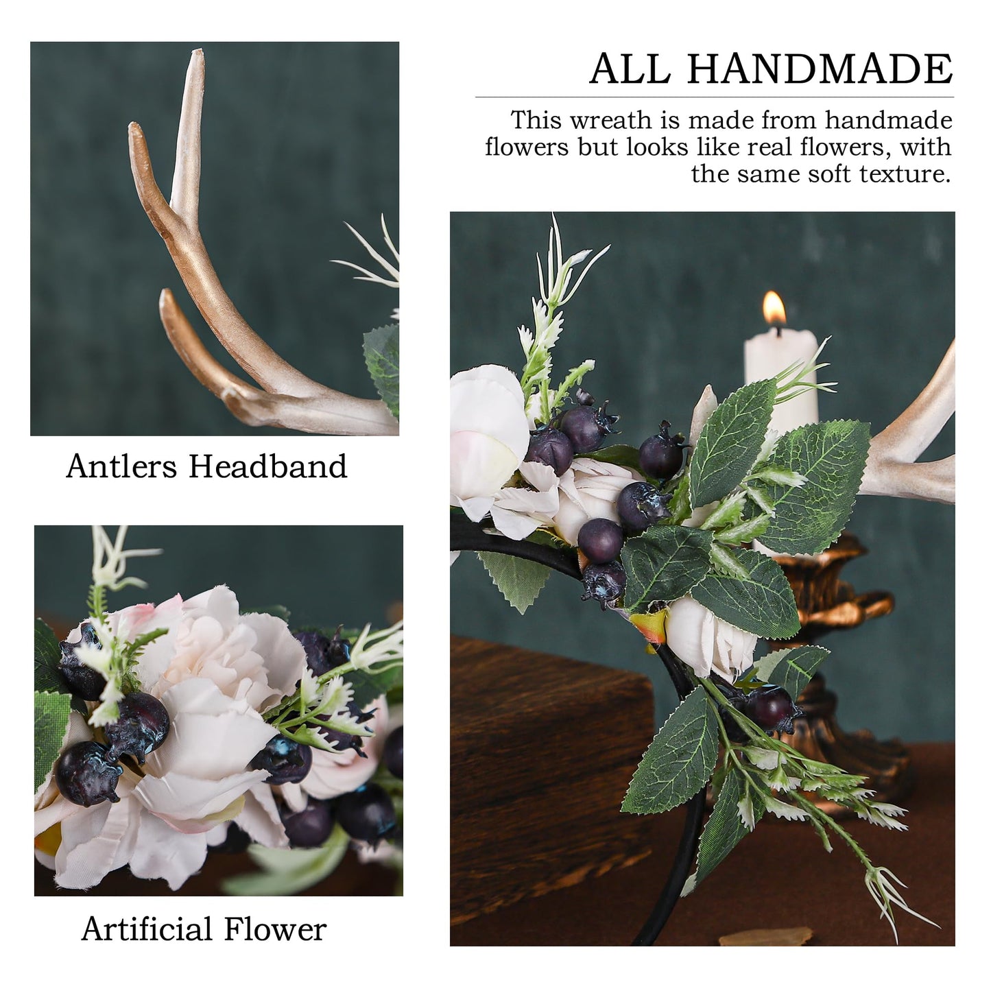 MOSTORY Handmade Deer Horns Headband – Flower Antler Hairband for Prom, Cosplay & Halloween