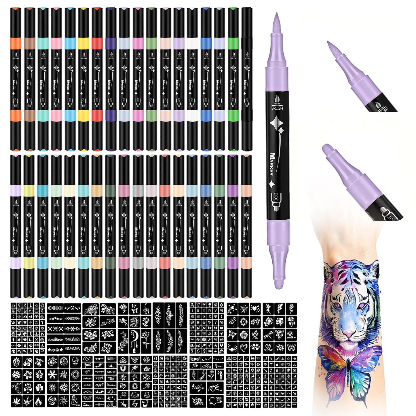 MUREND Temporary Tattoos Markers Kit – 36 Colors, 612 Stencils, Skin-Safe Dual-End Pens