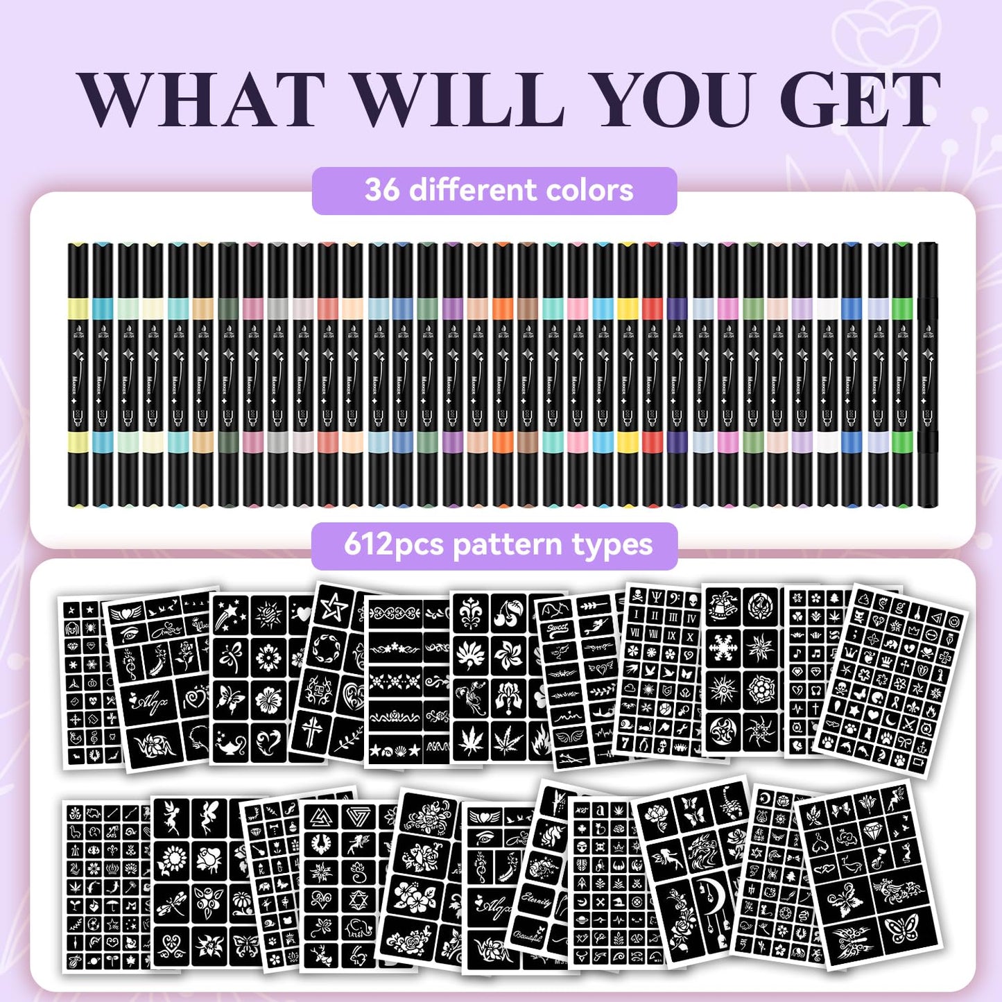 MUREND Temporary Tattoos Markers Kit – 36 Colors, 612 Stencils, Skin-Safe Dual-End Pens