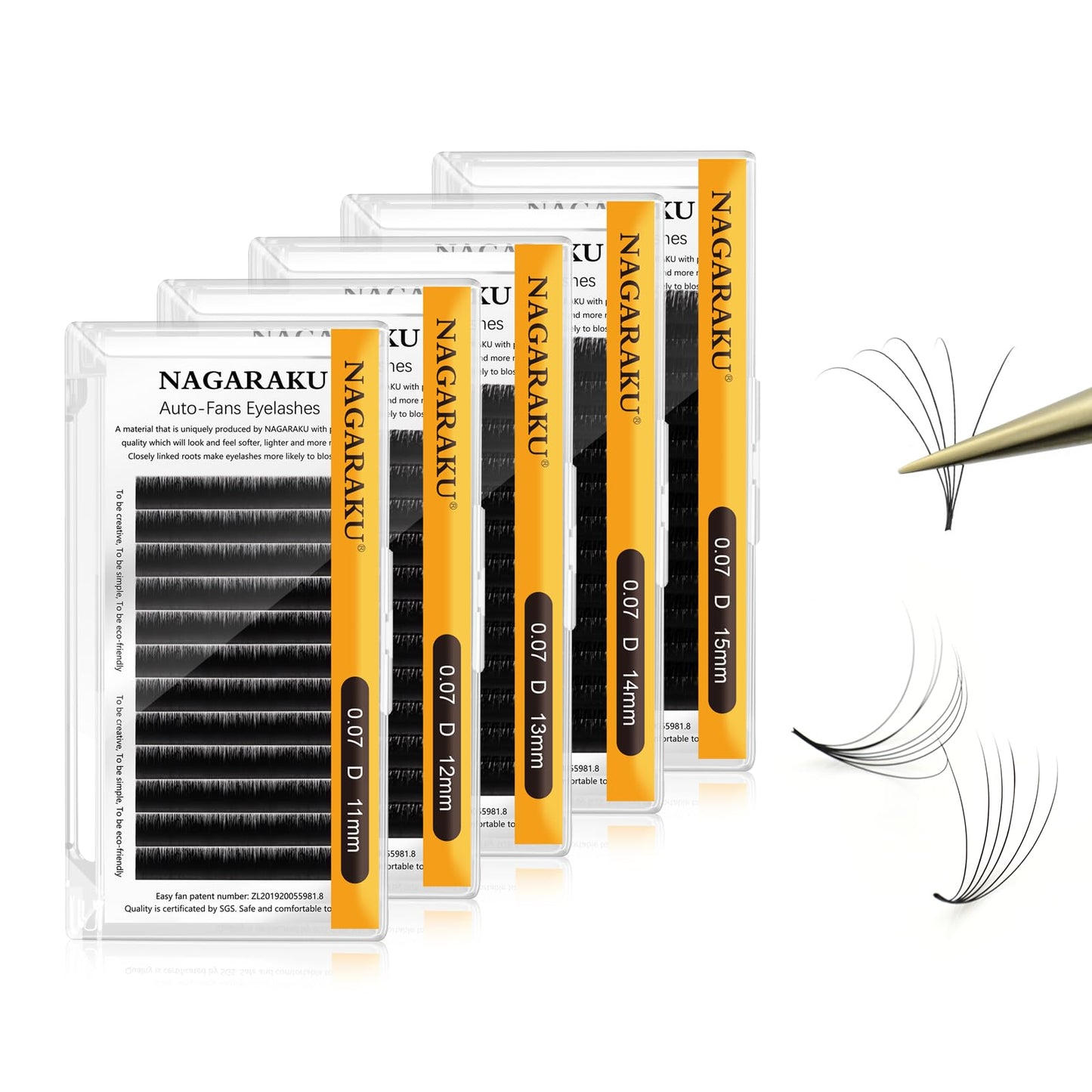NAGARAKU Easy Fan Eyelash Extensions – 5 Trays, 0.07 D Curl, 11–15mm, Russian Mega Volume for Beginners