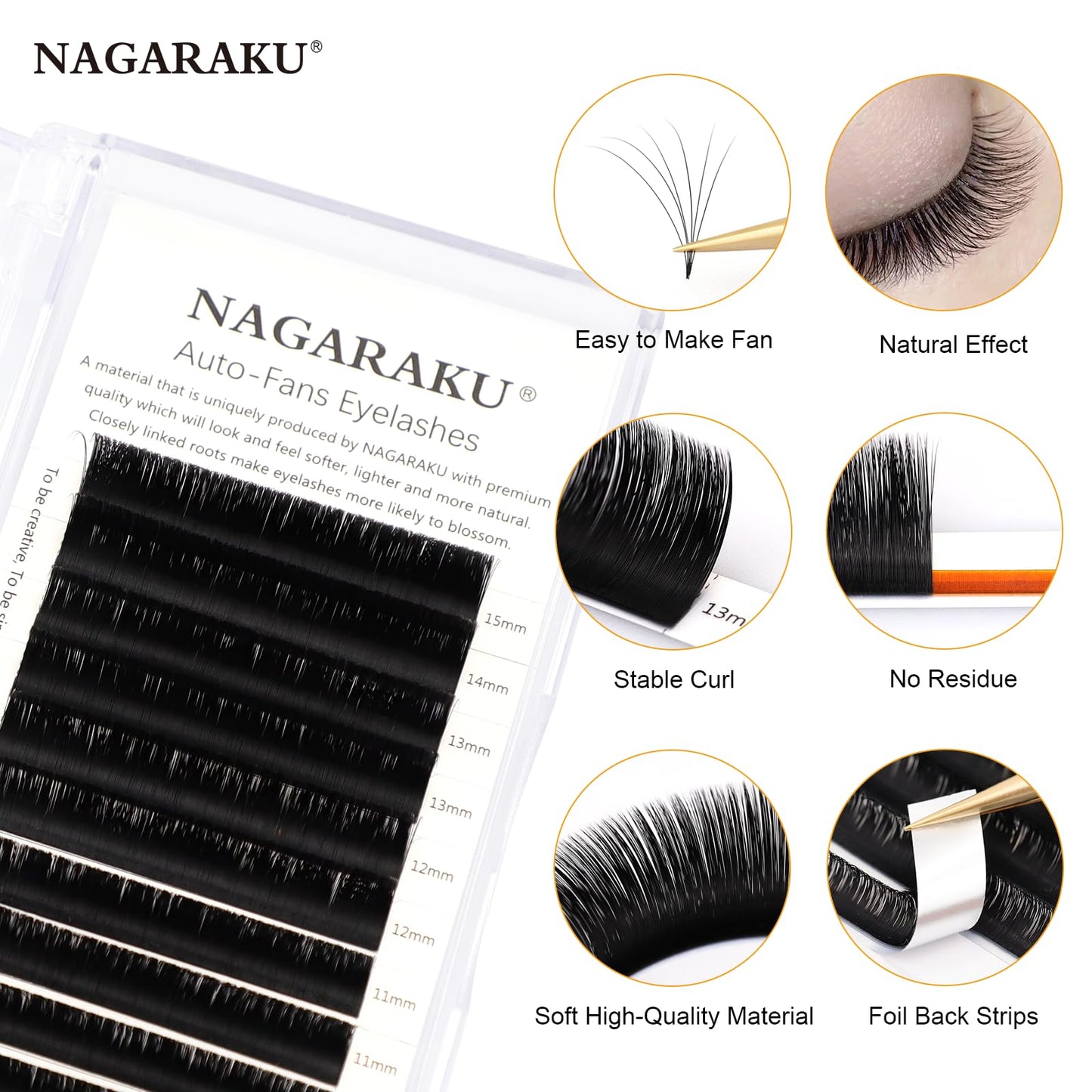 NAGARAKU Easy Fan Eyelash Extensions — 5 Trays in 1 Pack, 0.07 C Curl, 11–15mm, Mega Volume for Beginners