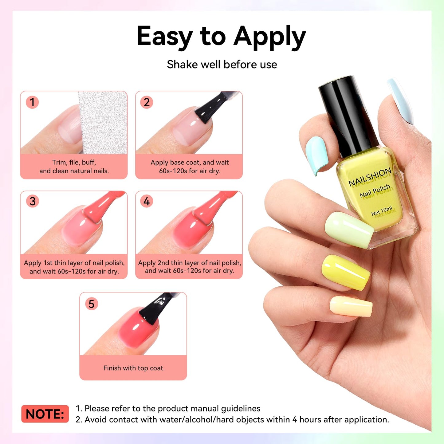 Nailshion Pastel Nail Polish Set - 16 Colors with Base & Top Coat, Remover Pads | Vegan, Air-Dry DIY Kit