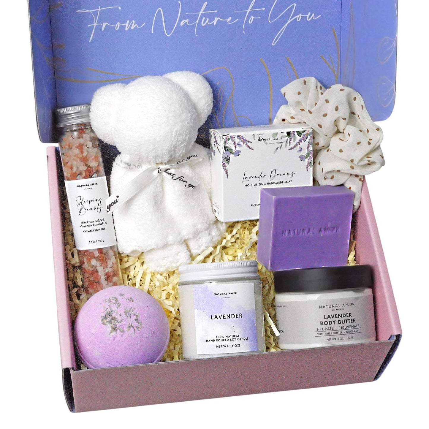 Natural Amor Los Angeles Lavender Spa Gifts for Women – 7pc Self-Care Box