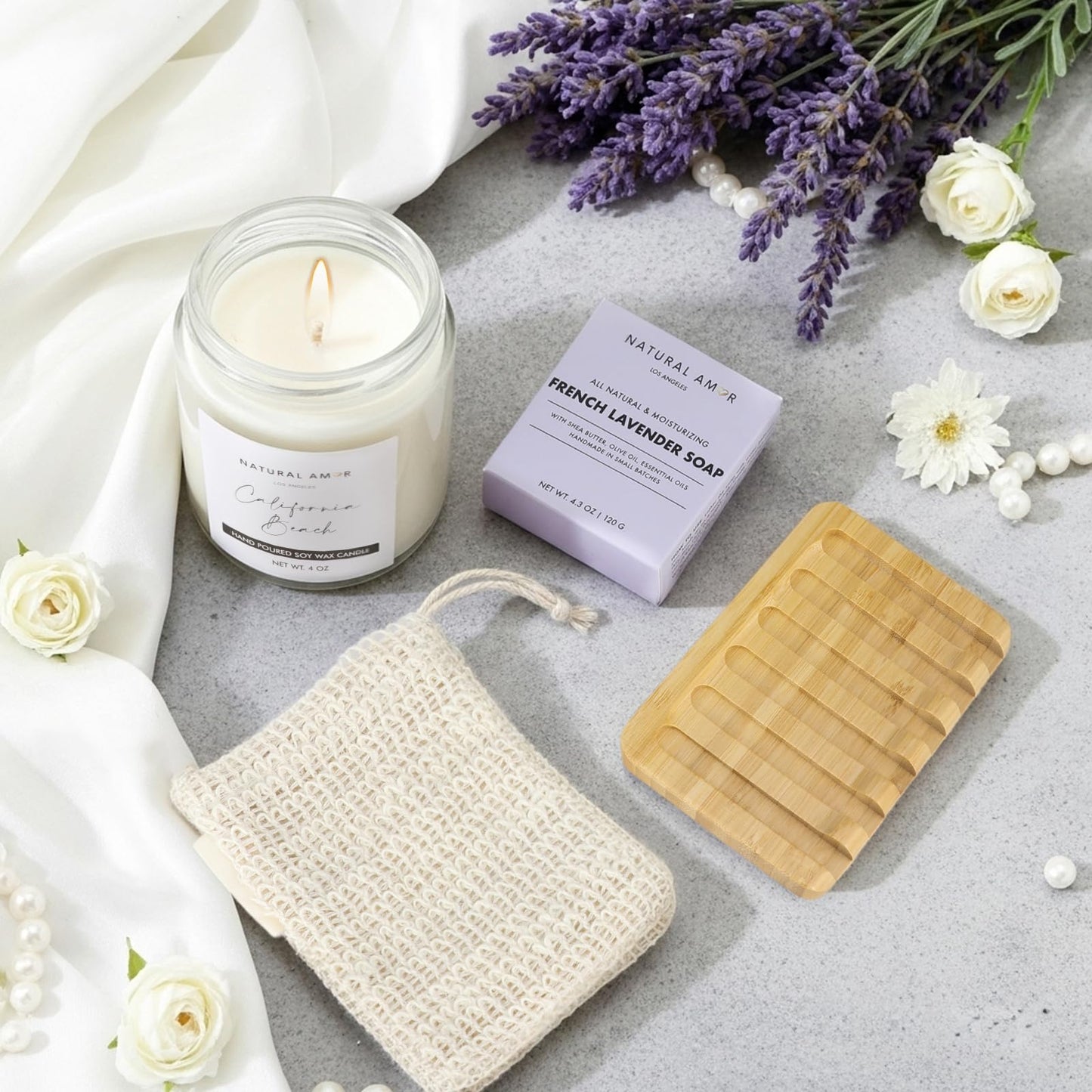 Natural Amor Los Angeles 8-Piece Spa Gift Set with Blanket — Lavender Body Butter, Soap & Candle