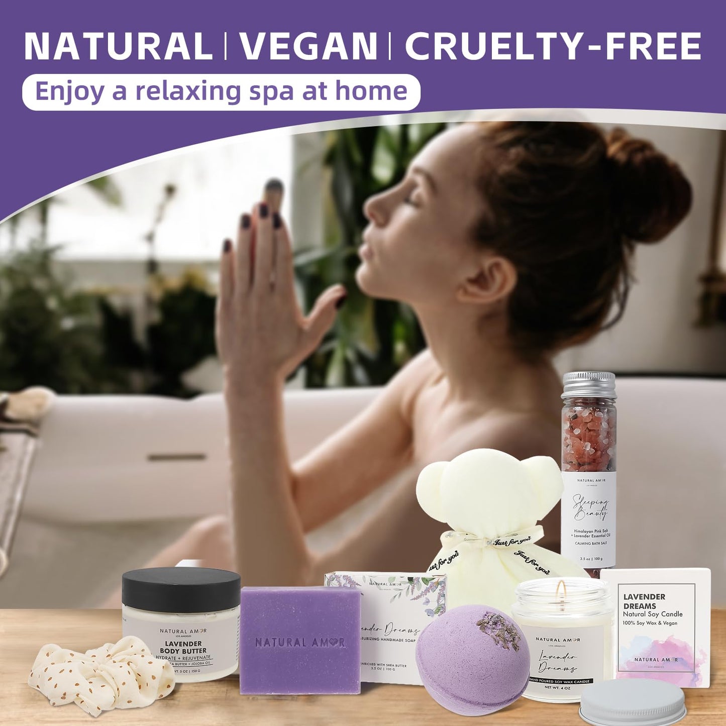 Natural Amor Los Angeles Lavender Spa Gifts for Women – 7pc Self-Care Box