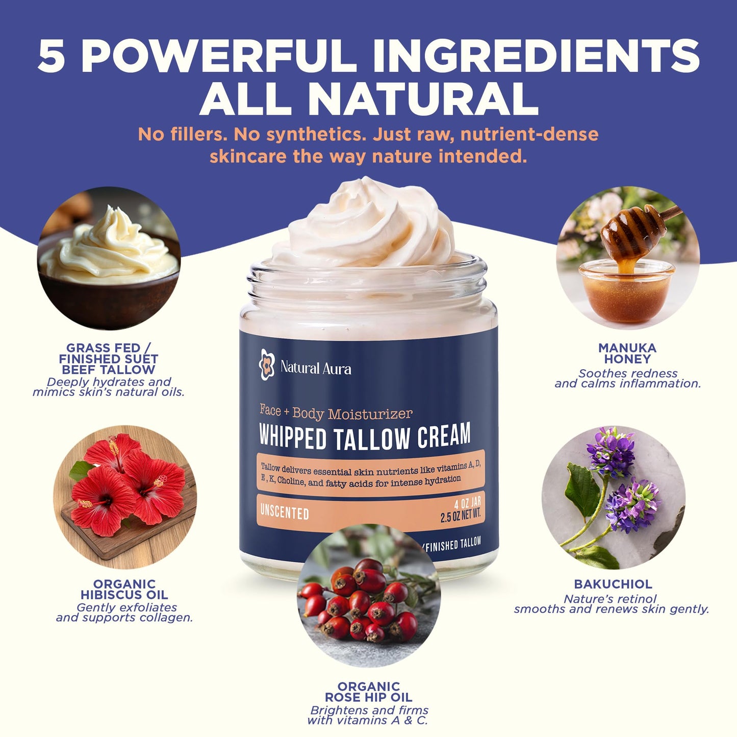 Natural Aura Whipped Beef Tallow for Skin – Unscented 4oz Face & Body Moisturizer