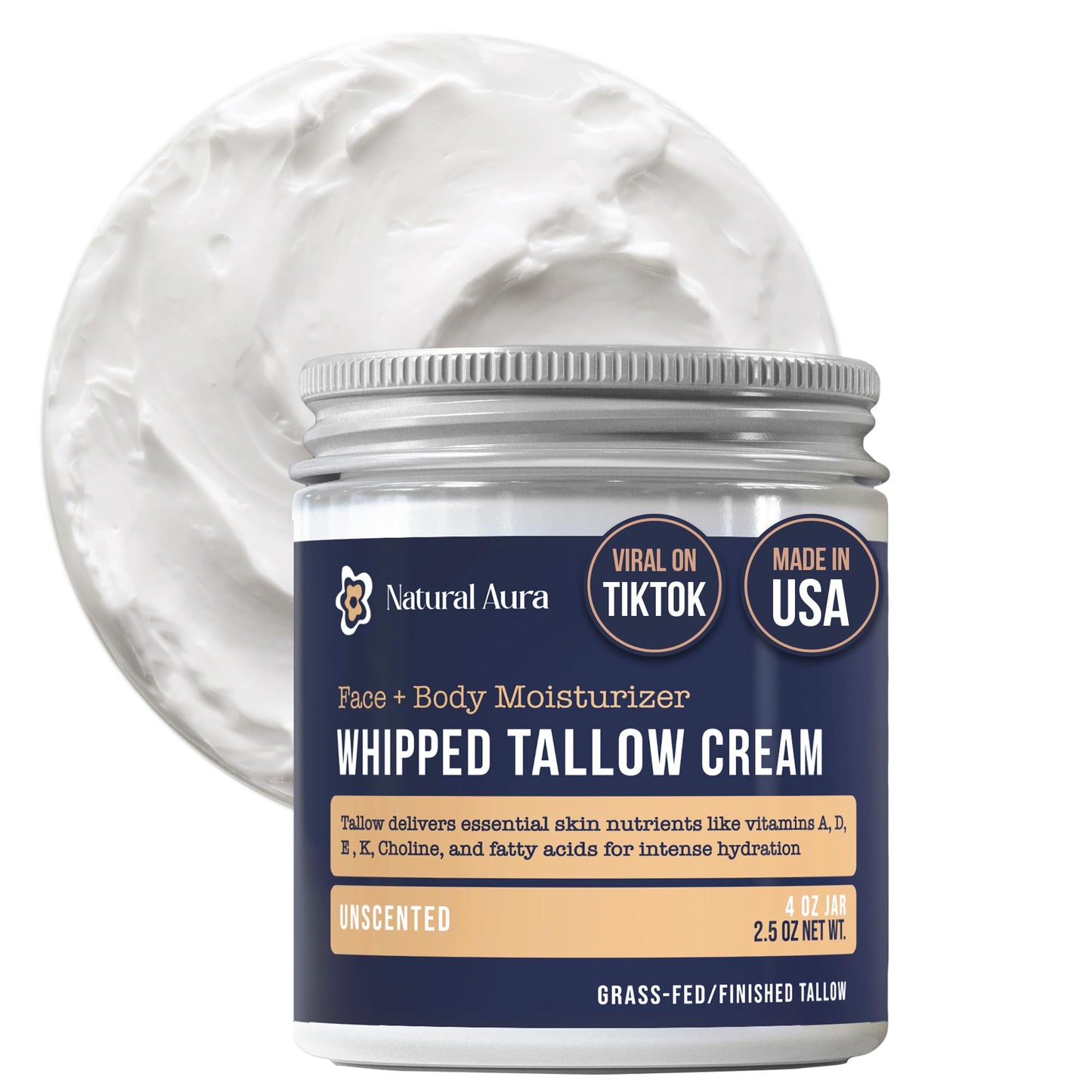 Natural Aura Whipped Beef Tallow for Skin – Unscented 4oz Face & Body Moisturizer