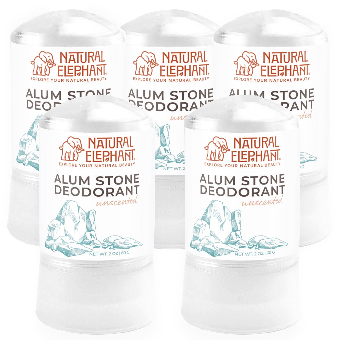 Natural Elephant Alum Stone Deodorant Stick 60g (2 oz) – Unscented, Aluminum-Free Salt Stone for Men & Women – 5 Pack