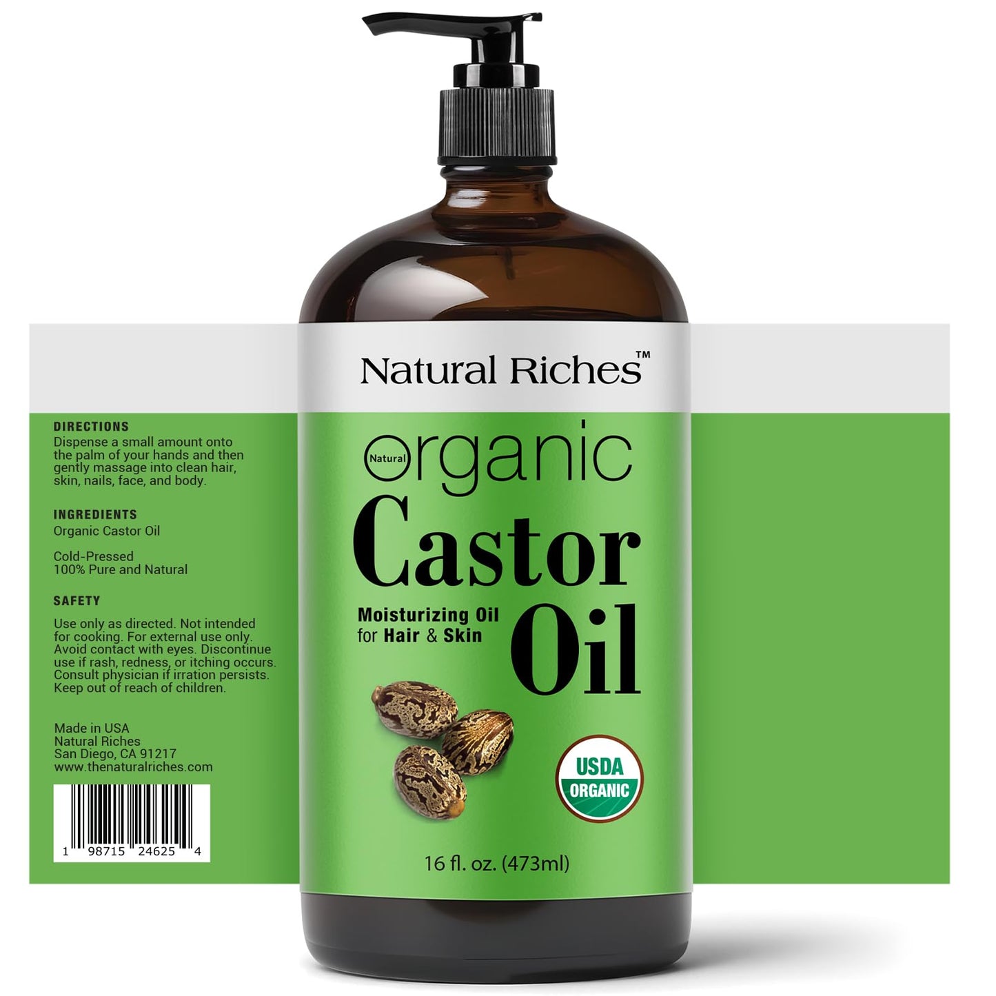 Natural Riches Organic Castor Oil – 16 oz Amber Glass, USDA Certified Organic, Cold-Pressed & Unrefined