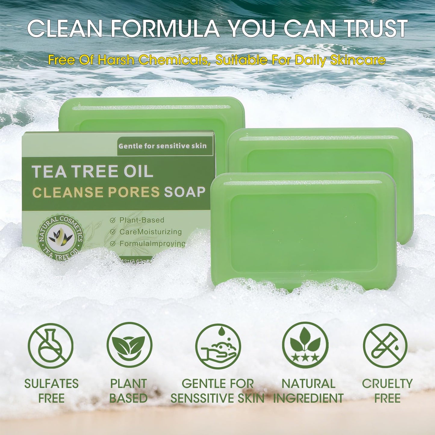 Natural Tea Tree Soap Bar Set – 3-Piece Plant-Based Cleanser with Tea Tree & Coconut Oil
