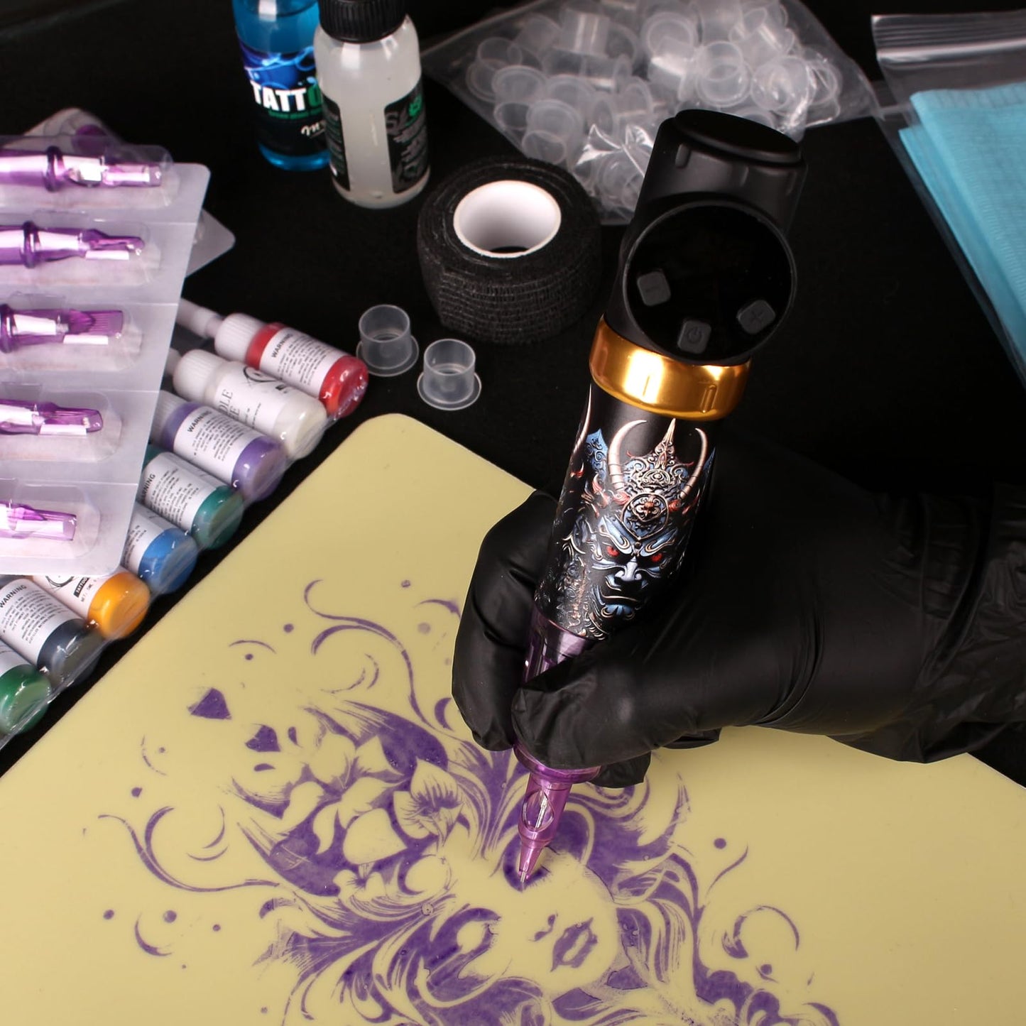 NBTA2 Tattoo Kit: Wireless Gun with 2 Batteries & Complete Set for Beginners (Purple)