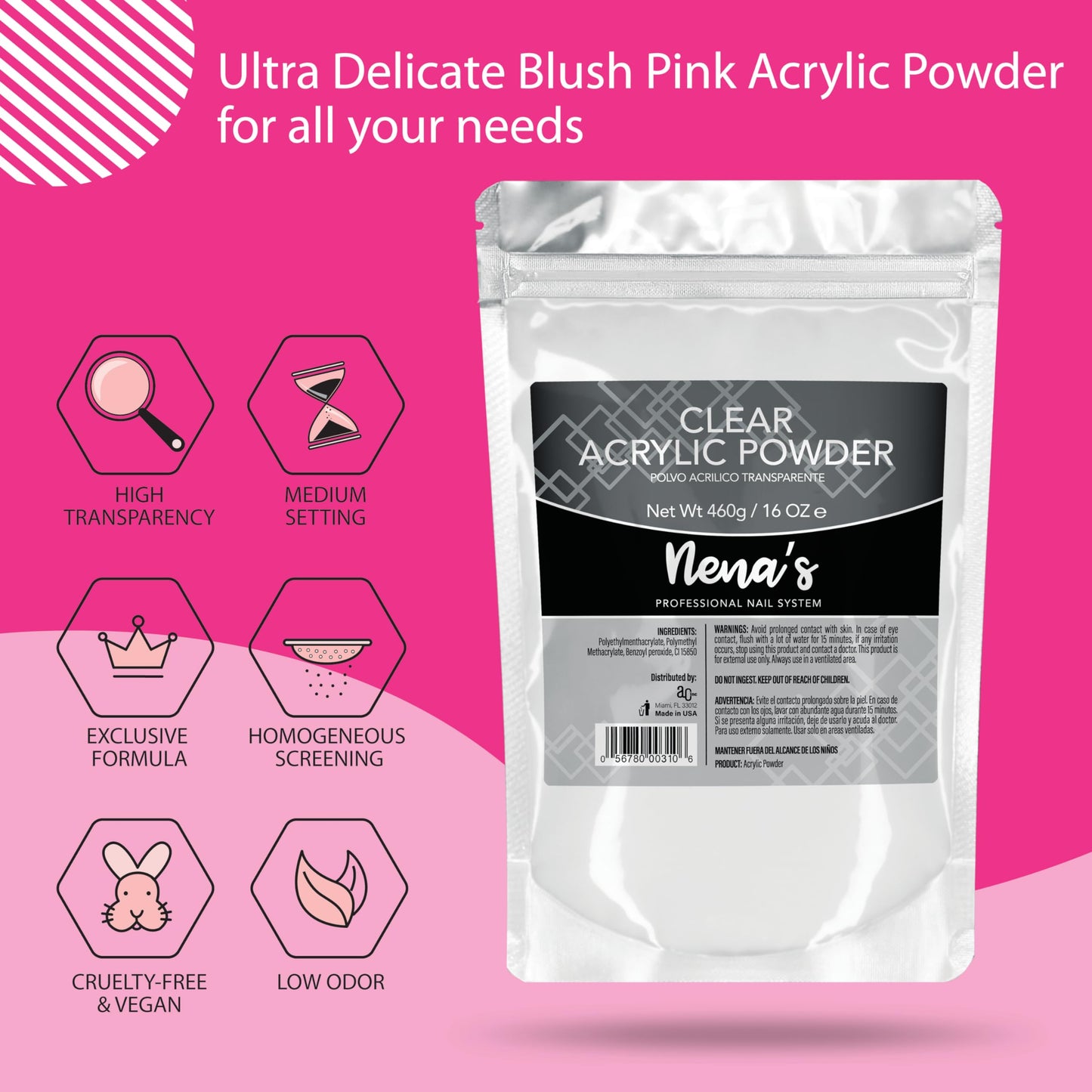 Nena's Superior Sculpting Powder – Clear, Blush Pink & Medium Pink Acrylic Nail System (16 oz / 460 g)