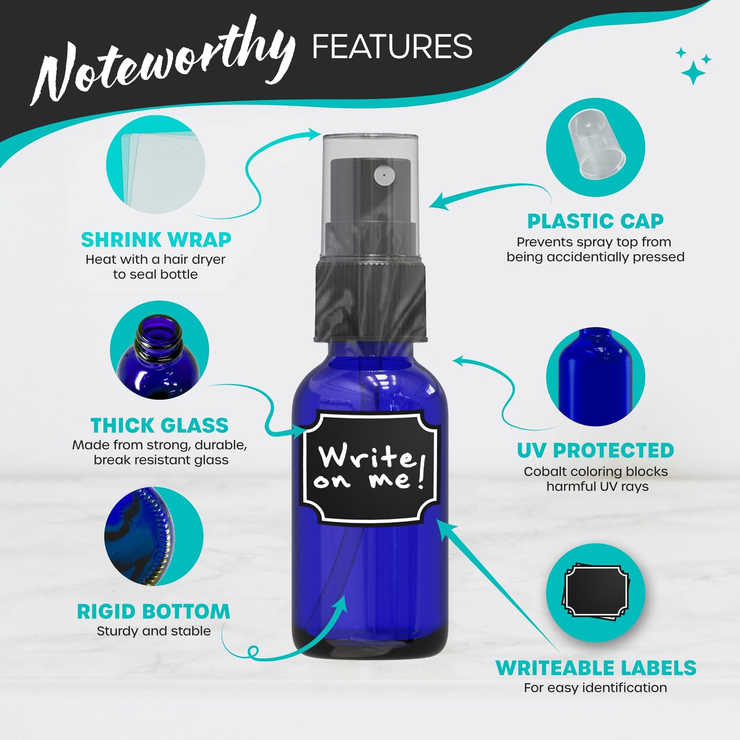 Nevlers Cobalt Blue Glass 1 Oz Spray Bottle Set – 48-Pack with Labels & Accessories