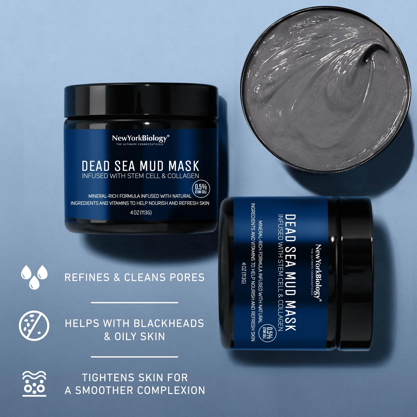 New York Biology Dead Sea Mud Mask – Face & Body, Stem Cell & Collagen, Pore Refiner | 4 oz Pack of 2