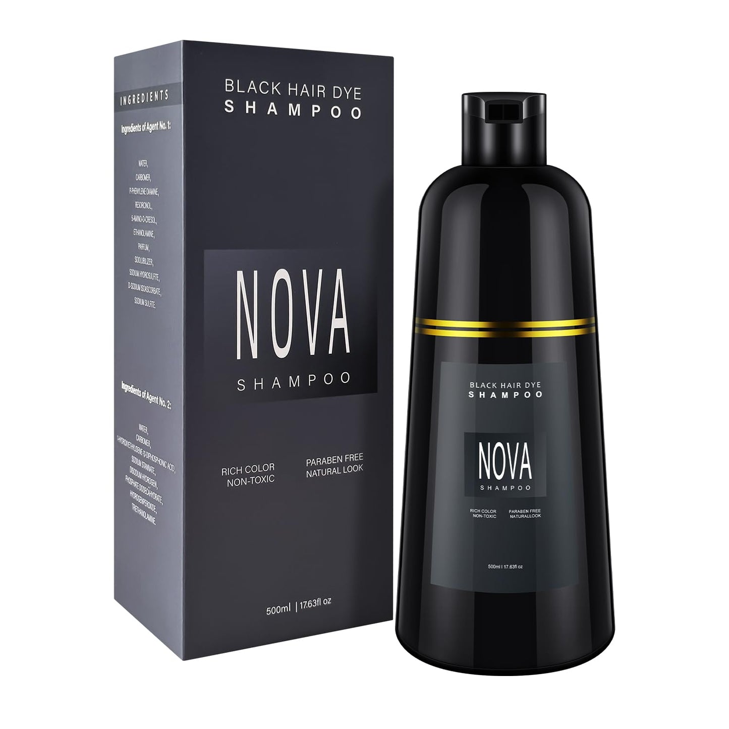 NOVA SHAMPOO Hair Dye Shampoo – 3-in-1 Gray Coverage for Men & Women, Black, 500ml
