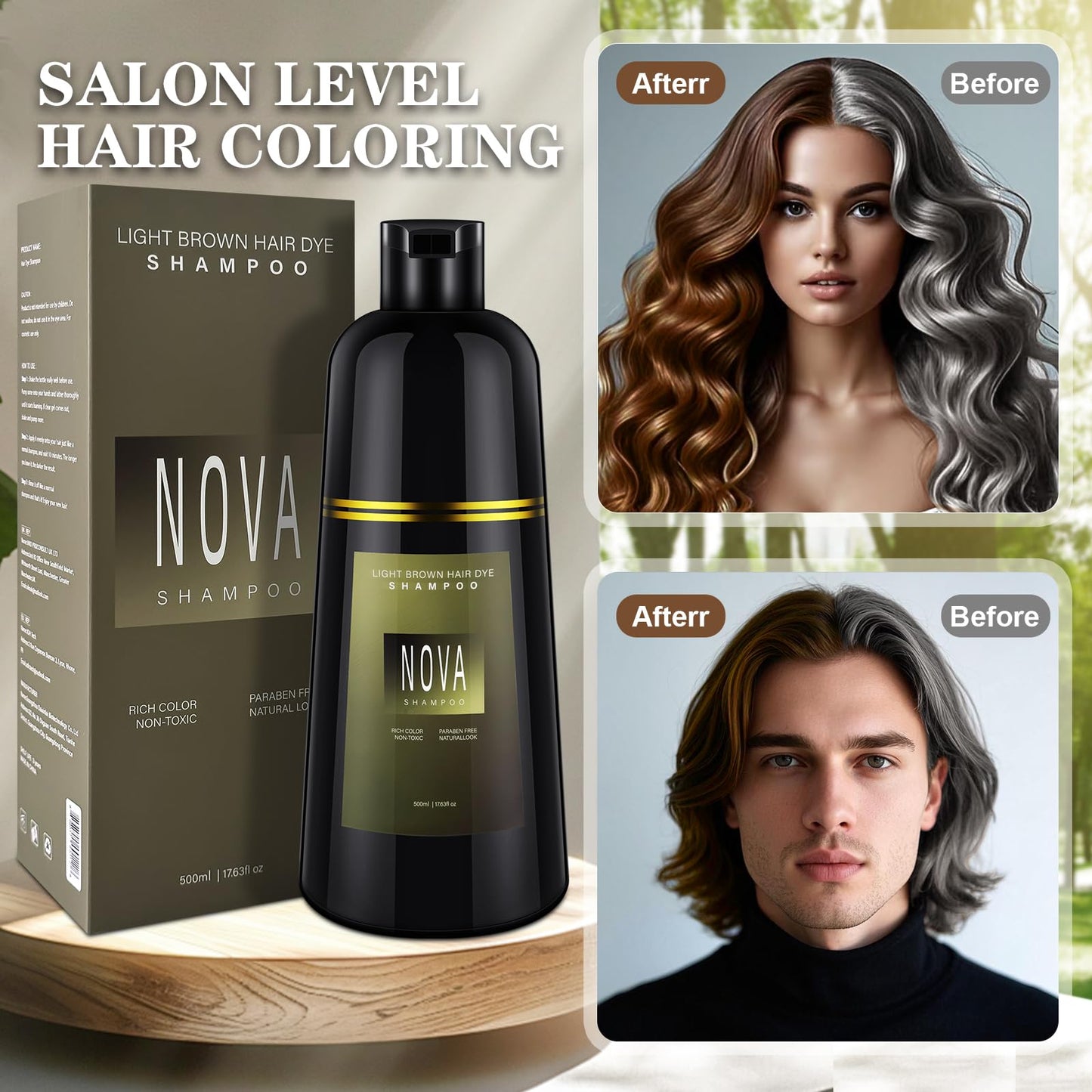 Nova Shampoo 3-in-1 Gray Coverage Hair Dye - Light Brown 500ml