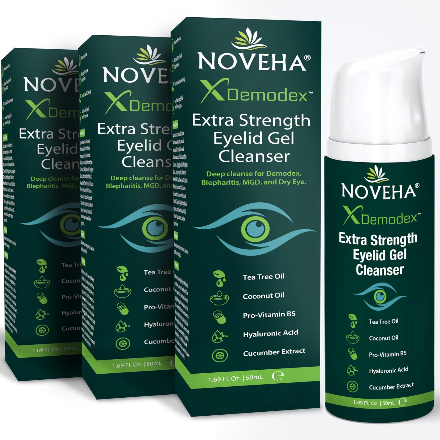 NOVEHA Demodex Eyelid Gel Cleanser - Extra Strength for Demodex, MGD & Dry Eye | 50mL (3 Pack)