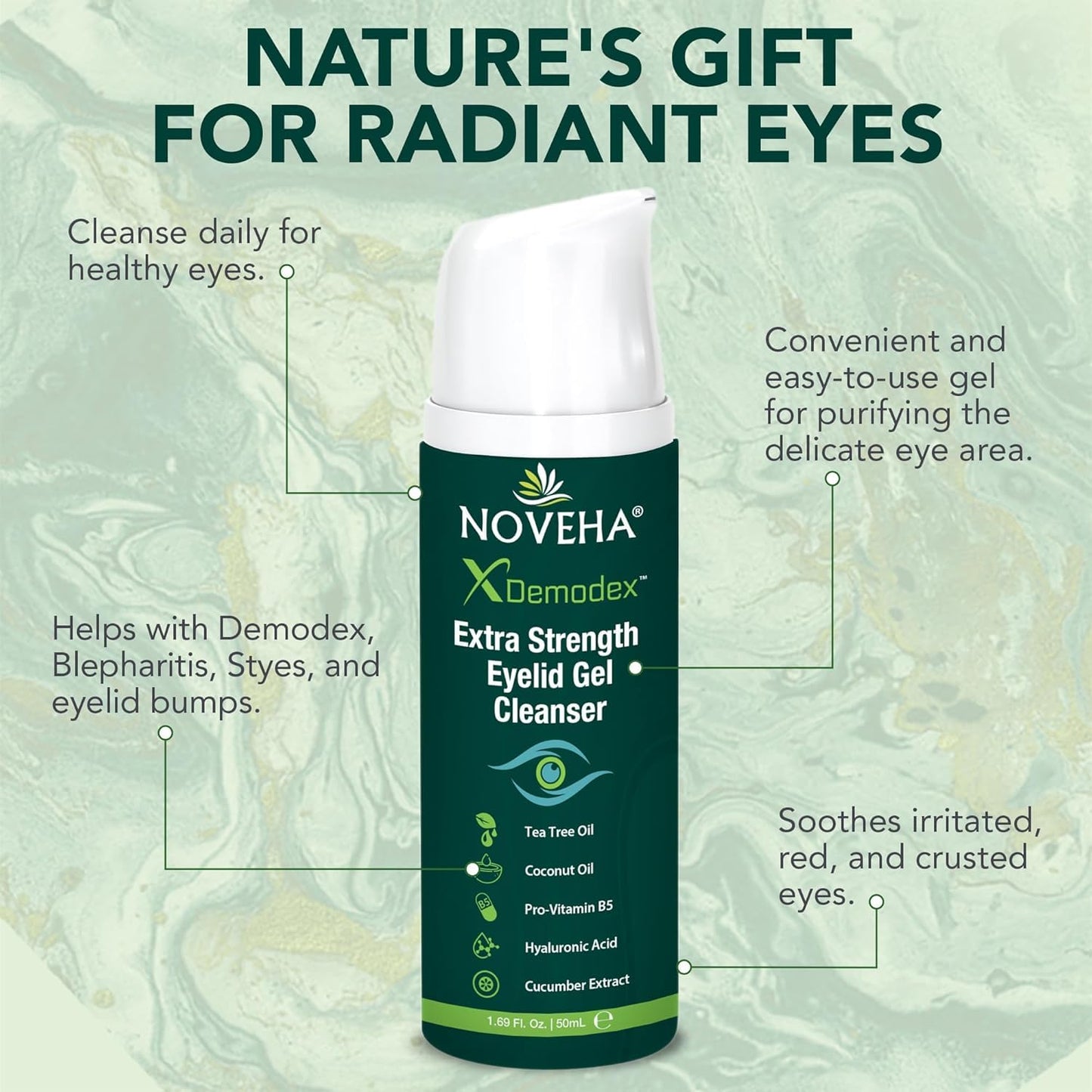 NOVEHA Demodex Eyelid Gel Cleanser - Extra Strength for Demodex, MGD & Dry Eye | 50mL (3 Pack)