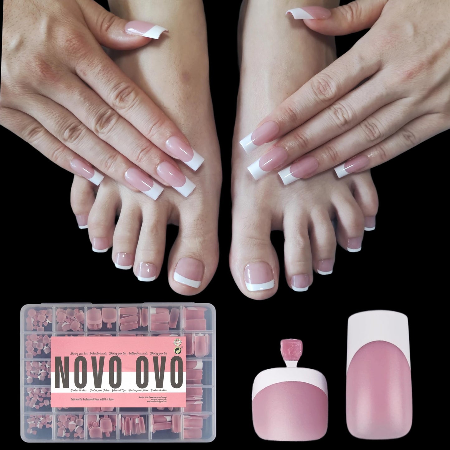 NOVO OVO French Tip Matching Press-on Nails Set – Berry Pink, Soft Gel Extension, 360 pcs