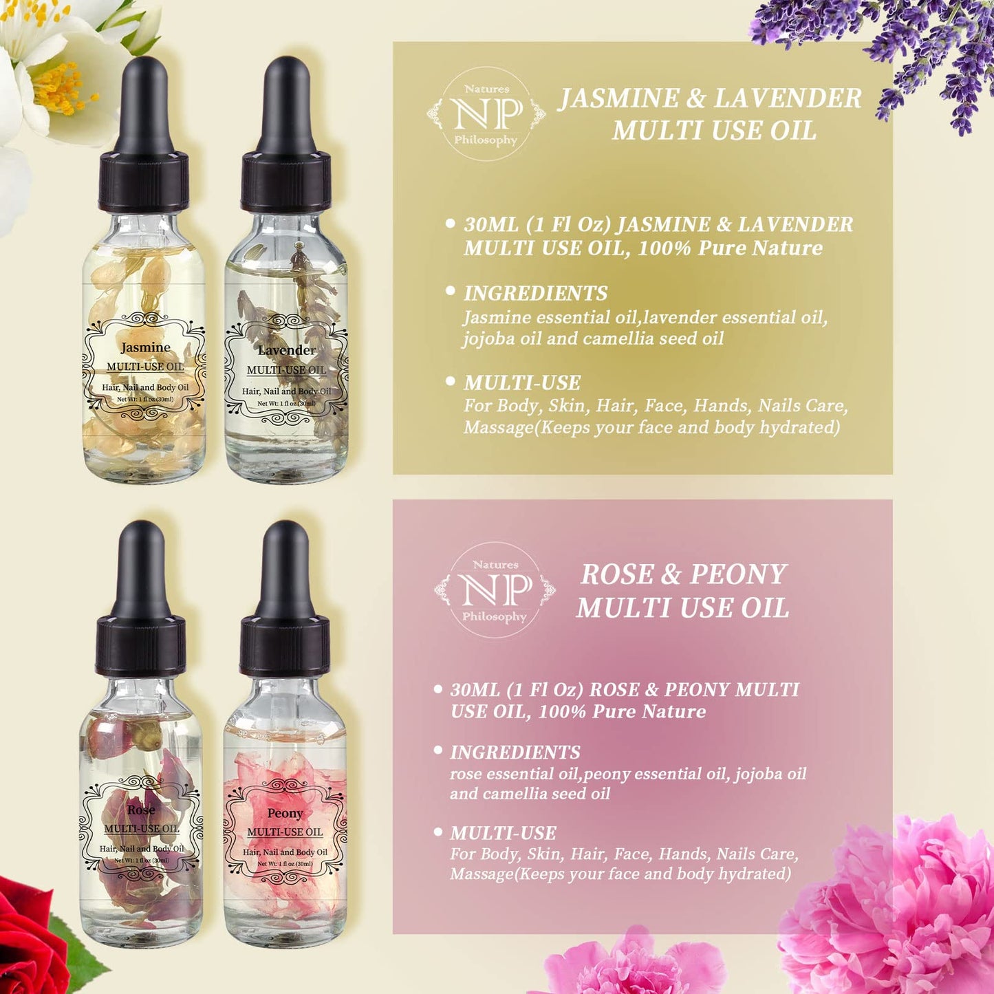NP NATURES PHILOSOPHY Rose Jasmine Peony Lavender Multi-Use Body Oil - 4x30ml Pack