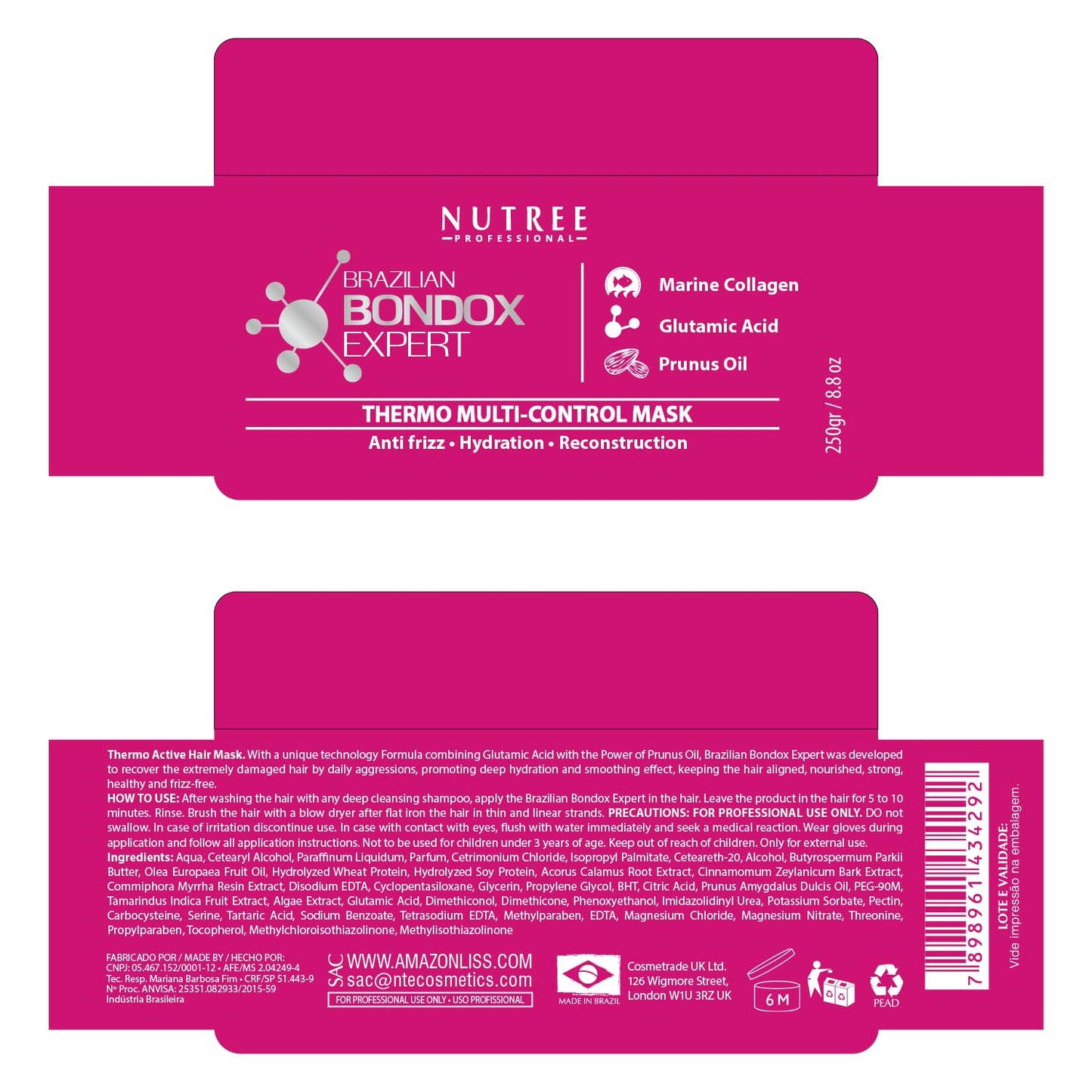 Nutree Professional Hair Mask for Damaged Hair | Brazilian Bondox 8.8 oz | Thermal Activated