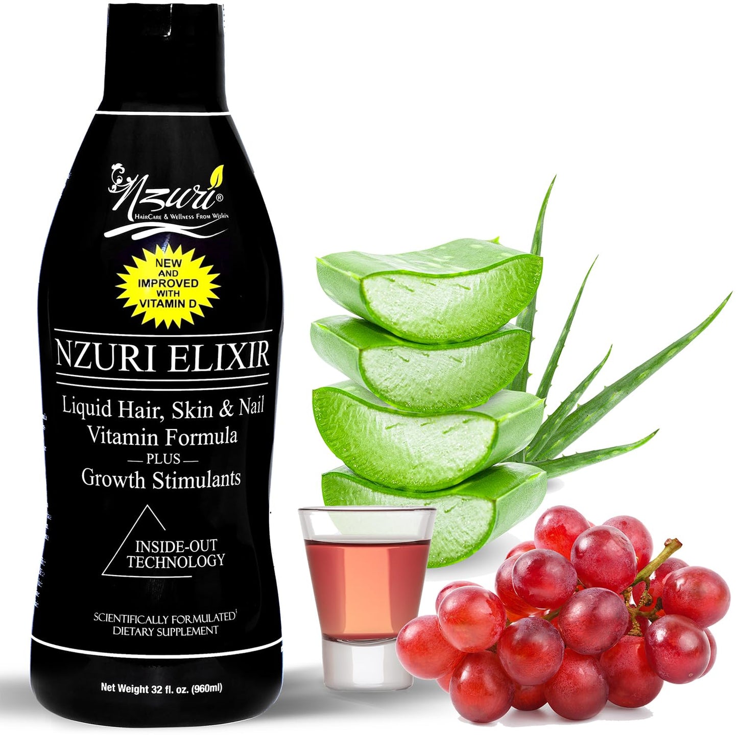 Nzuri Elixir Hair Skin Nails Vitamins – Biotin, Folate & Vitamin D | 32 oz