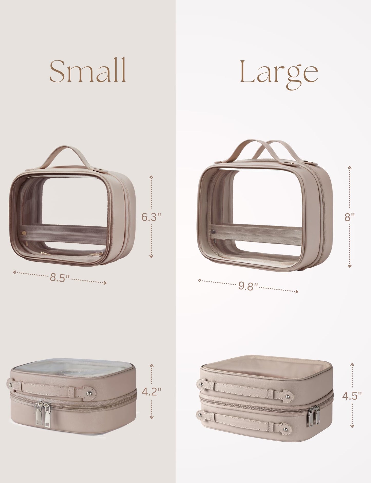 Oaque Clear Cosmetic Bag — Large Double Layer Travel Toiletry Bag with 4 Compartments (Taupe)