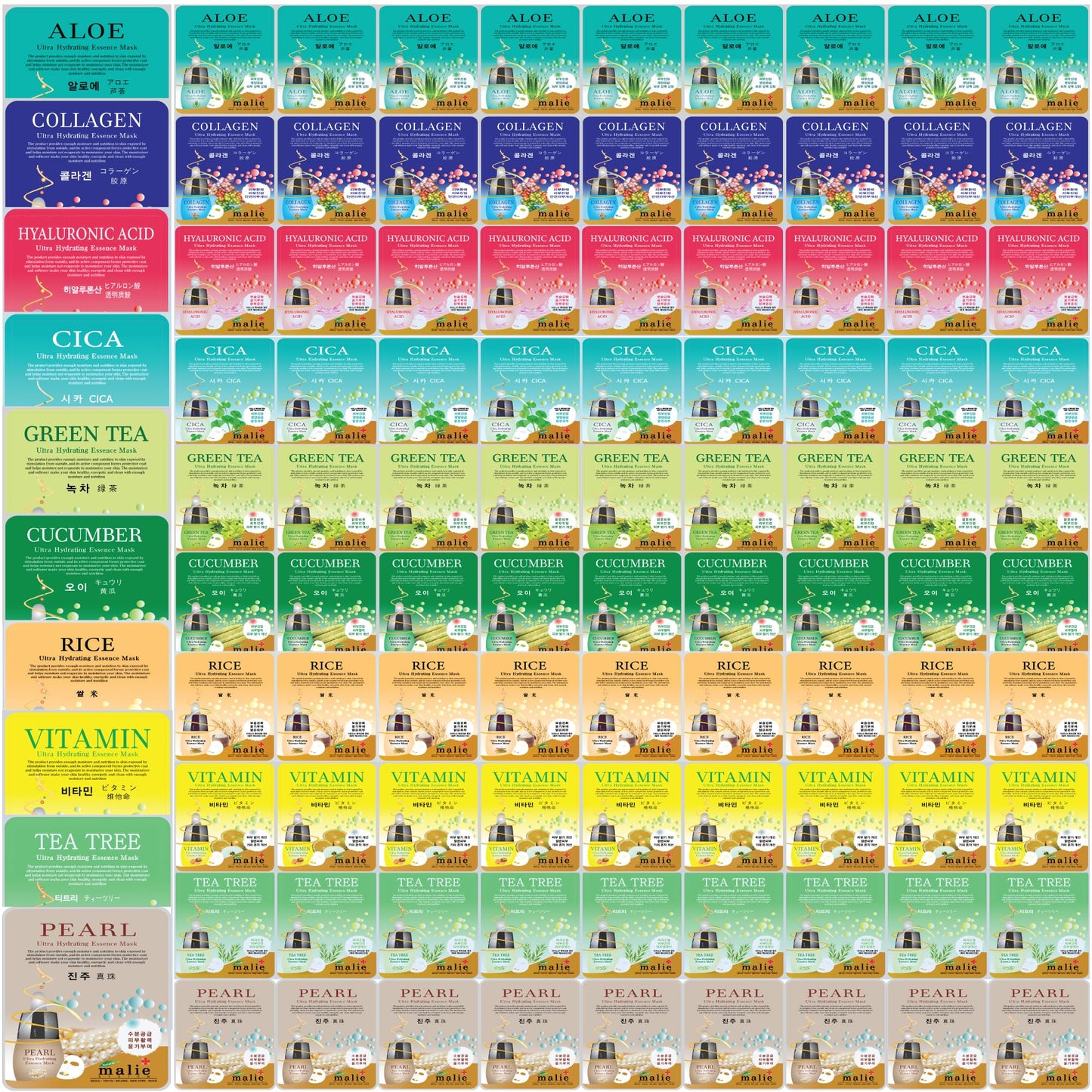 OBS Lab 100 Pcs Vegan Ultra Hydrating Essence Mask – 10 Types Korean Sheet Masks (Made in Korea)