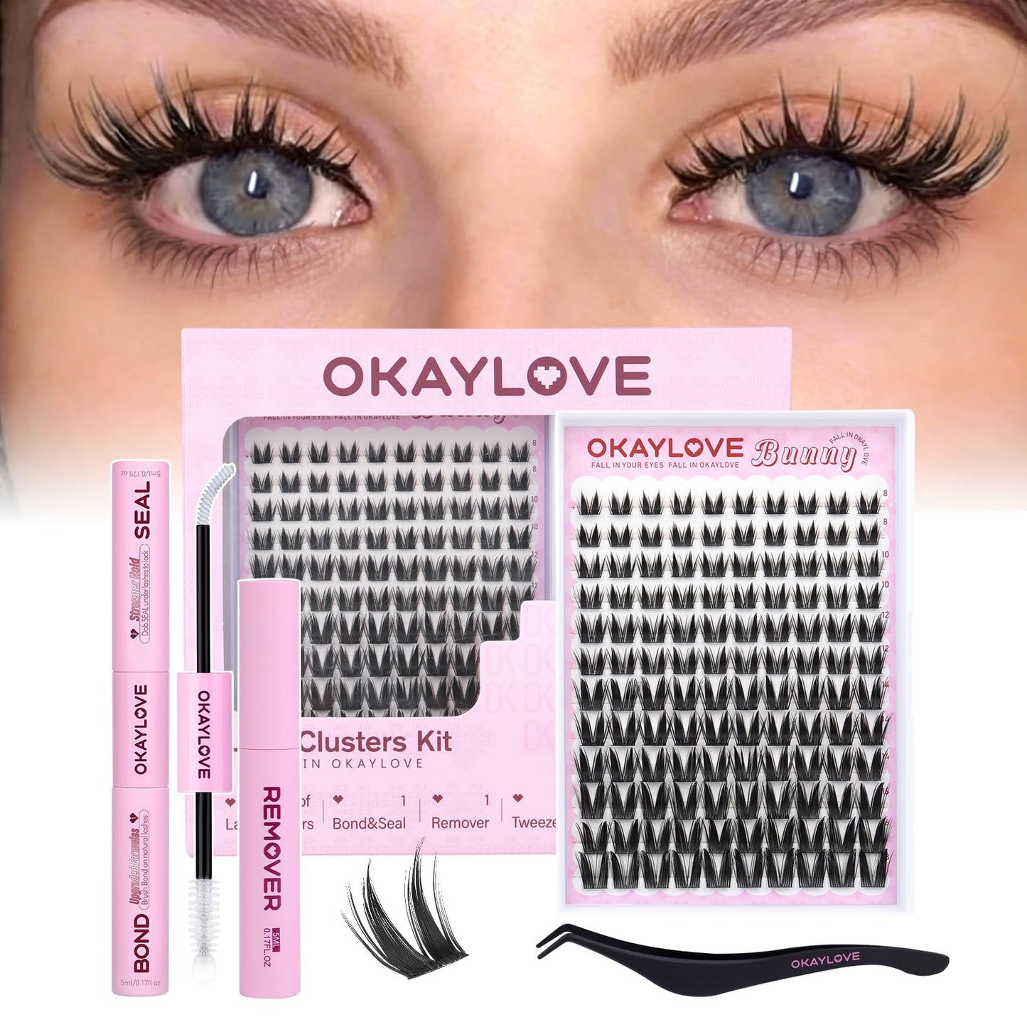OKAYLOVE Bunny Lash Clusters Kit – 8–18mm Wipsy Lashes, Bond & Seal