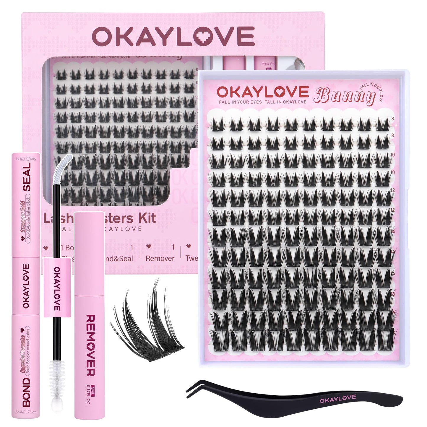 OKAYLOVE Manga Lash Clusters Kit – Bunny 8–18mm Anime Lashes with Bond & Seal, Tweezers
