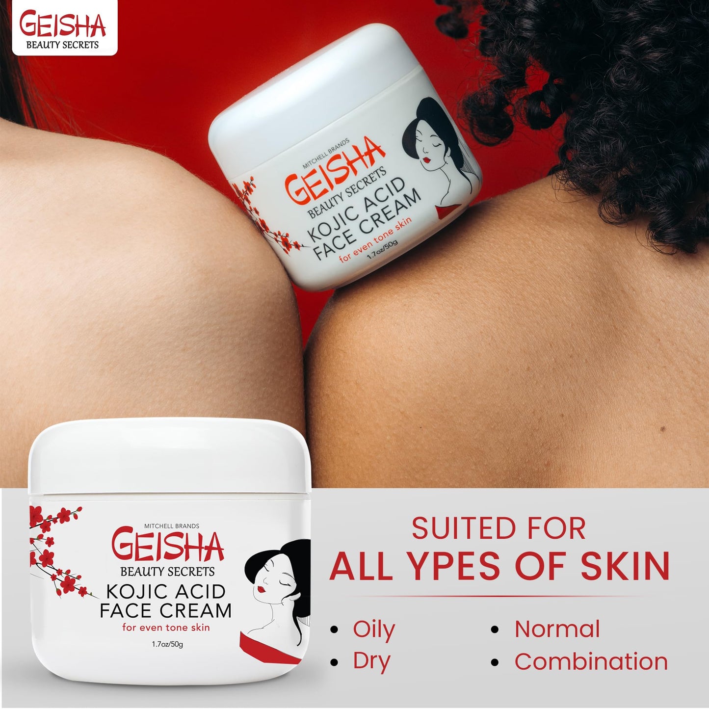 OMIC Geisha Kojic Acid Cream – 1.7 fl oz (50 ml) – Brightening Cream for Face, Body & Hands – Glycolic Acid – Pack of 2