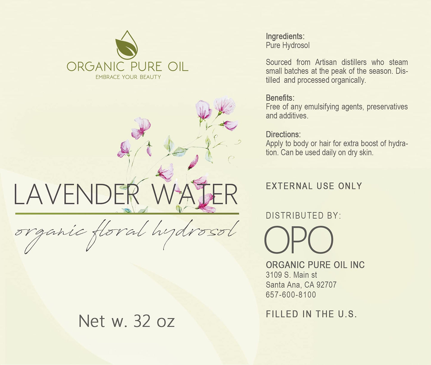 OPO Lavender Water Hydrosol 32oz - Pure Steam Distilled, Non-GMO