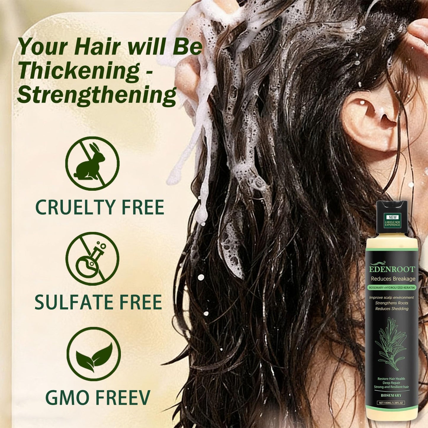 Organic Rosemary Hair Growth Shampoo with Hydrolyzed Keratin – Sulfate-Free Volumizing Shampoo for Men & Women (3-Bottle Pack)