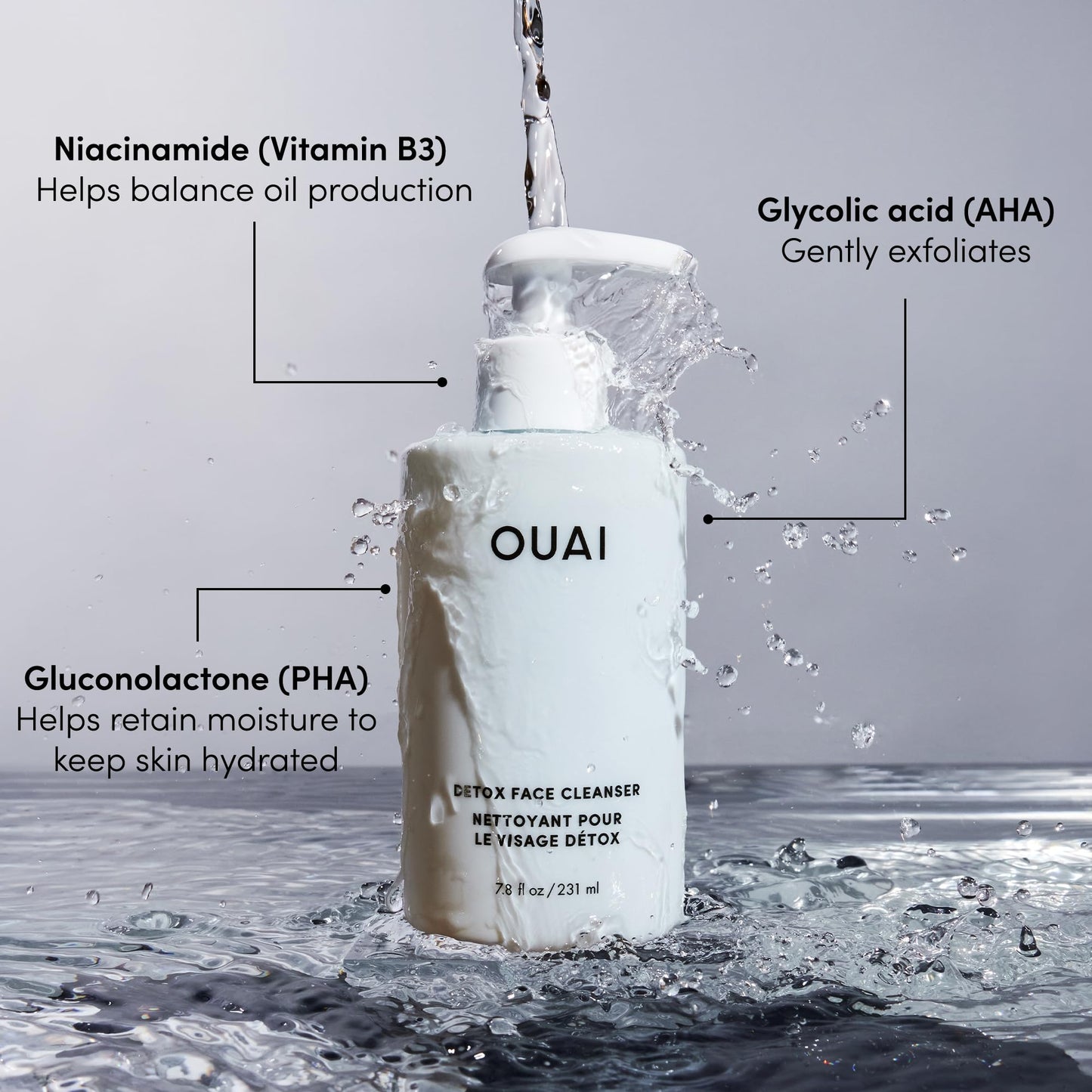 OUAI Detox Facial Cleanser - Deep Cleansing Face Wash with Glycolic Acid, Niacinamide & PHA