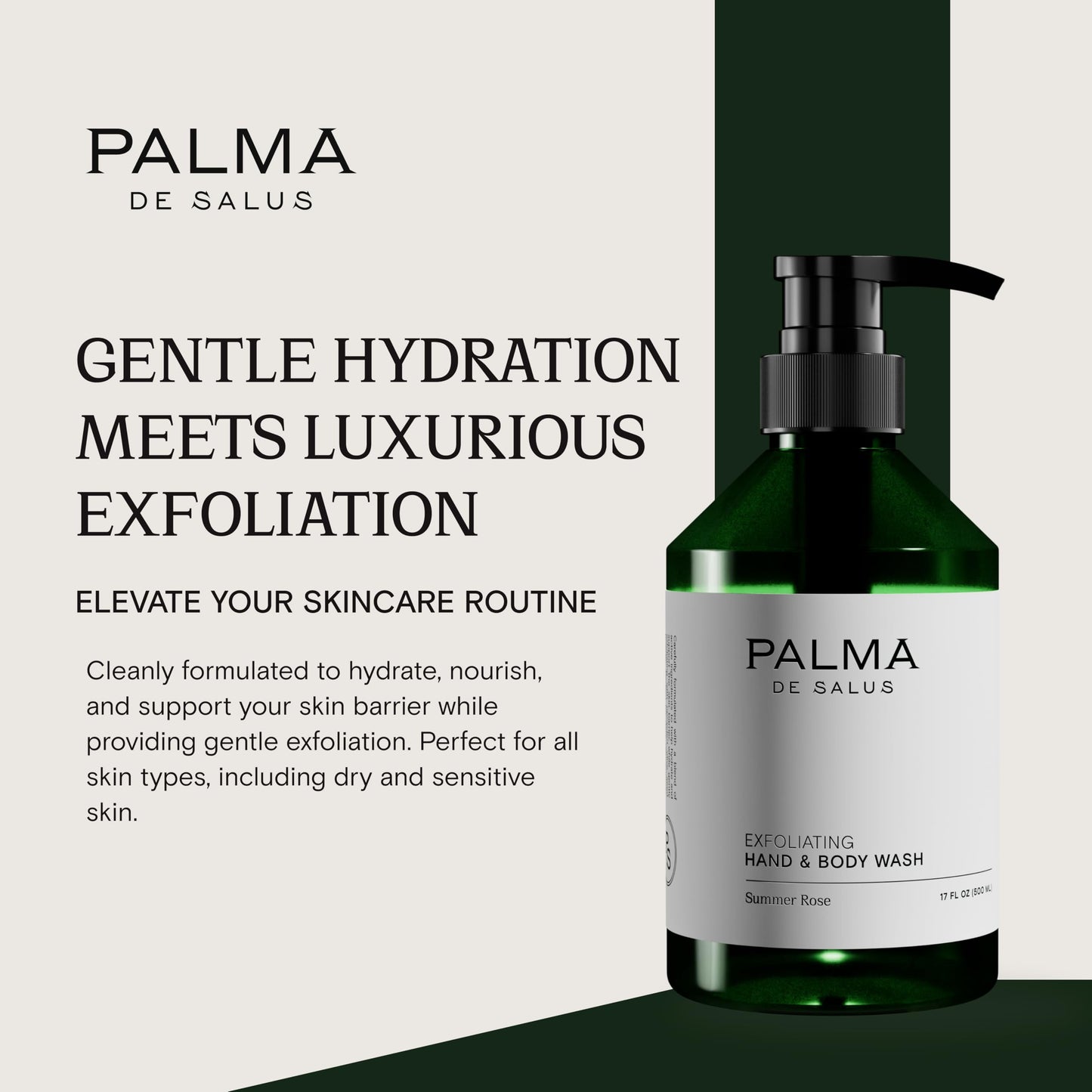 Palma de Salus Exfoliating Hand & Body Wash (Organic Summer Rose) – Hydrating Cleanser with Avocado Oil